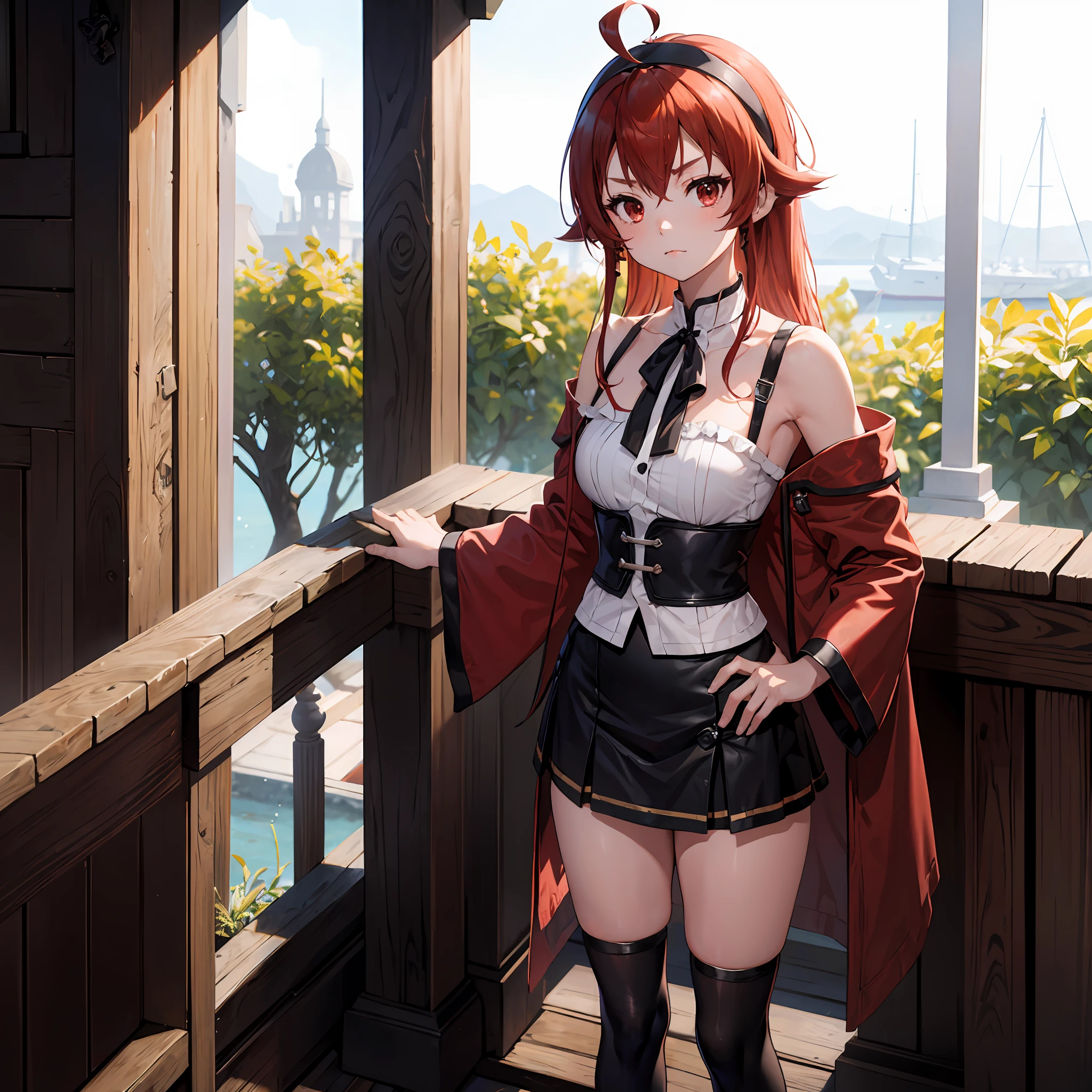 Liss Greyrat, 1girl, Ahoge, bangss, bare shoulders, black hairband, Brown skirt, a closed mouth, Clothes Cutout, arms folded, hair between eye, shairband, length hair, long-sleeve, Look at viewers, red eyes, red hairs, Shoulder clippings, simple background, Black shorts,beauty legs 独奏, Hi-Res, Harm, mushoku tensei grass field randome pose small tits 15yo student small stature