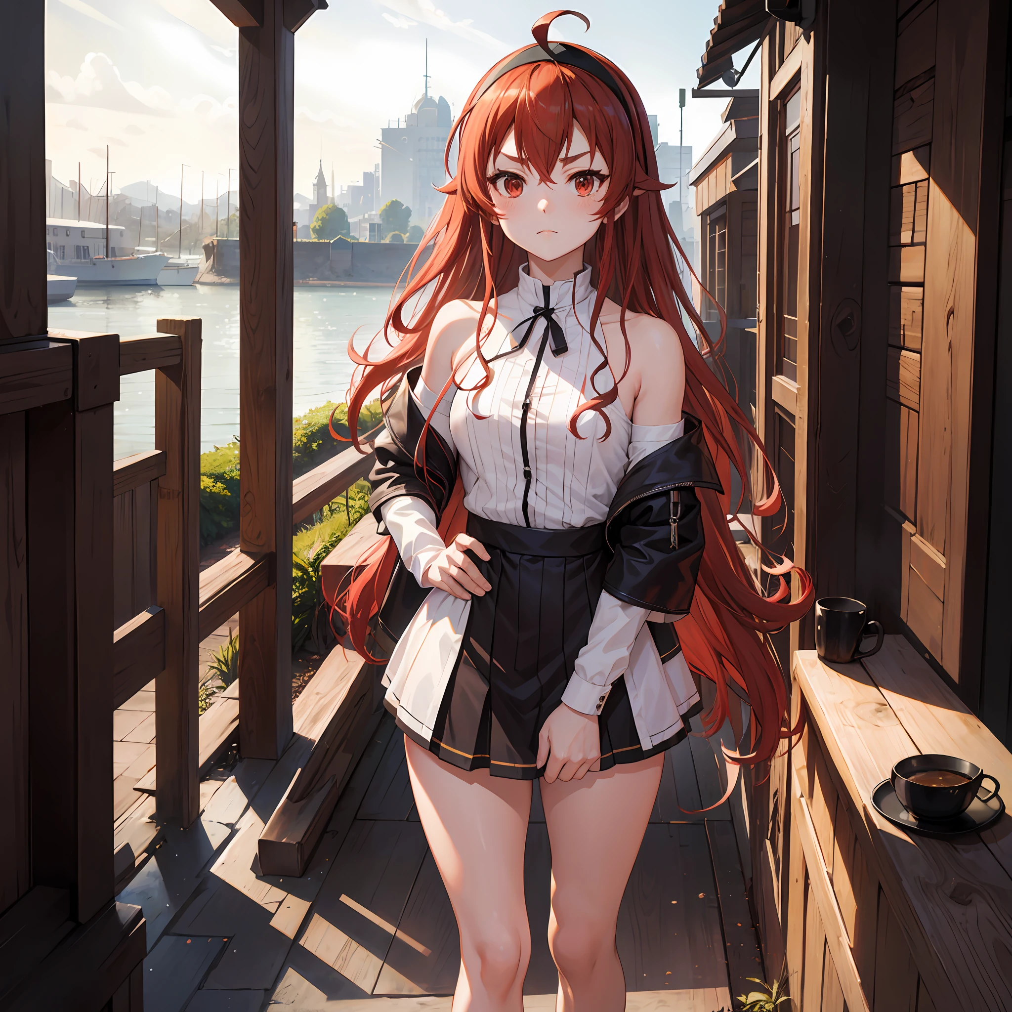 Liss Greyrat, 1girl, Ahoge, bangss, bare shoulders​, black hairband, Brown skirt, a closed mouth, Clothes Cutout, arms folded, hair between eye, shairband, length hair, long-sleeve, Look at viewers, red eyes, red hairs, Shoulder clippings, simple background, Black shorts,beauty legs　 独奏, Hi-Res, Harm, mushoku tensei　grass field　randome pose　small tits　 student　small stature