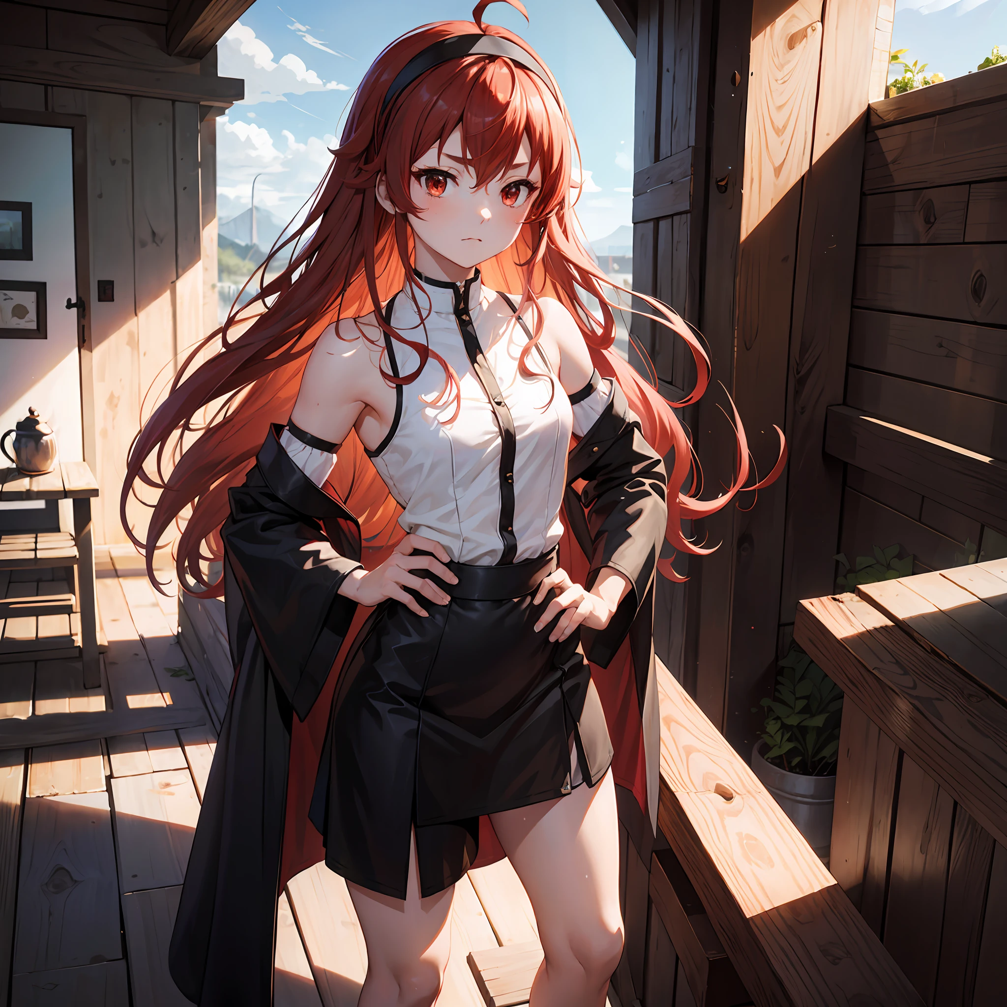 Liss Greyrat, 1girl, Ahoge, bangss, bare shoulders​, black hairband, Brown skirt, a closed mouth, Clothes Cutout, arms folded, hair between eye, shairband, length hair, long-sleeve, Look at viewers, red eyes, red hairs, Shoulder clippings, simple background, Black shorts,beauty legs　 独奏, Hi-Res, Harm, mushoku tensei　grass field　randome pose　small tits　**** student　small stature