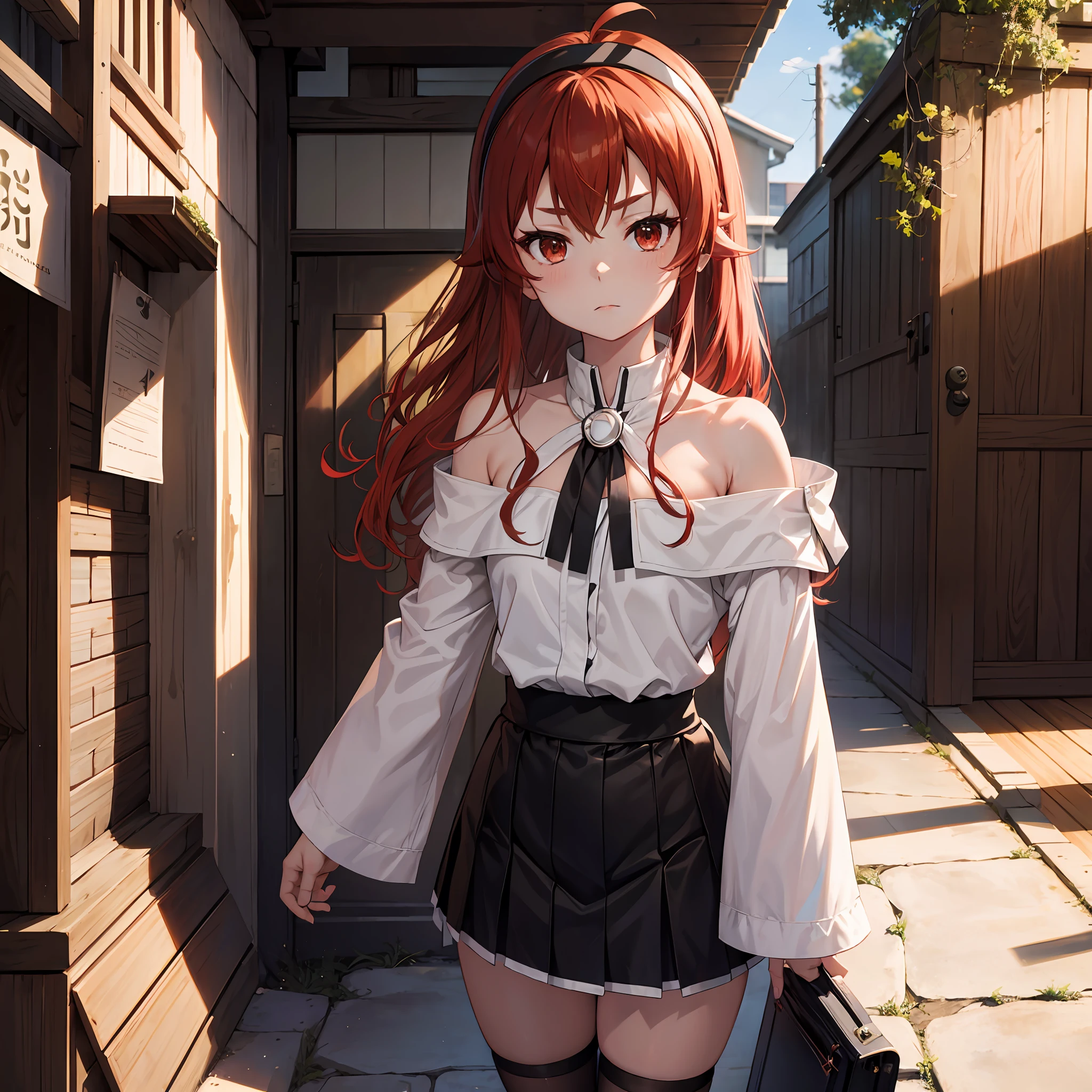 Liss Greyrat, 1girl, Ahoge, bangss, bare shoulders​, black hairband, Brown skirt, a closed mouth, Clothes Cutout, arms folded, hair between eye, shairband, length hair, long-sleeve, Look at viewers, red eyes, red hairs, Shoulder clippings, simple background, Black shorts,beauty legs　 独奏, Hi-Res, Harm, mushoku tensei　grass field　randome pose　small tits　**** student　small stature