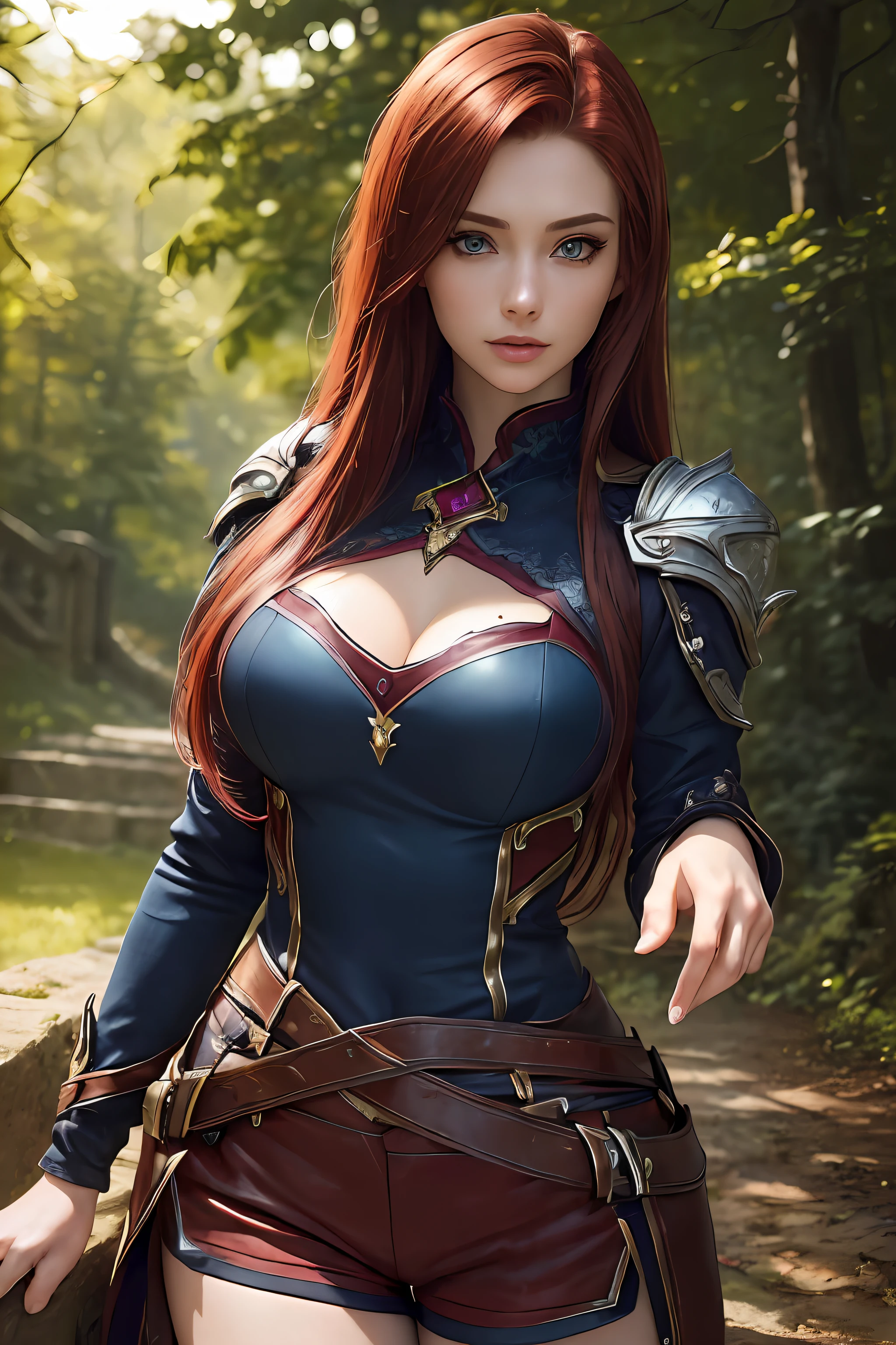 high quality fingers, normal hands, detailed fingers,masterpiece, (realistic, photo-realistic:1.37), (22 years old woman), katarina from league of legends, medium breast, small waist, dark red hair, blue eyes, beautiful face, perfect illumination, beautiful detailed eyes,looking at viewer, stunningly beautiful woman, detailed hairstyle, detailed background,shorts, detailed fantasy background, (sweat:1)