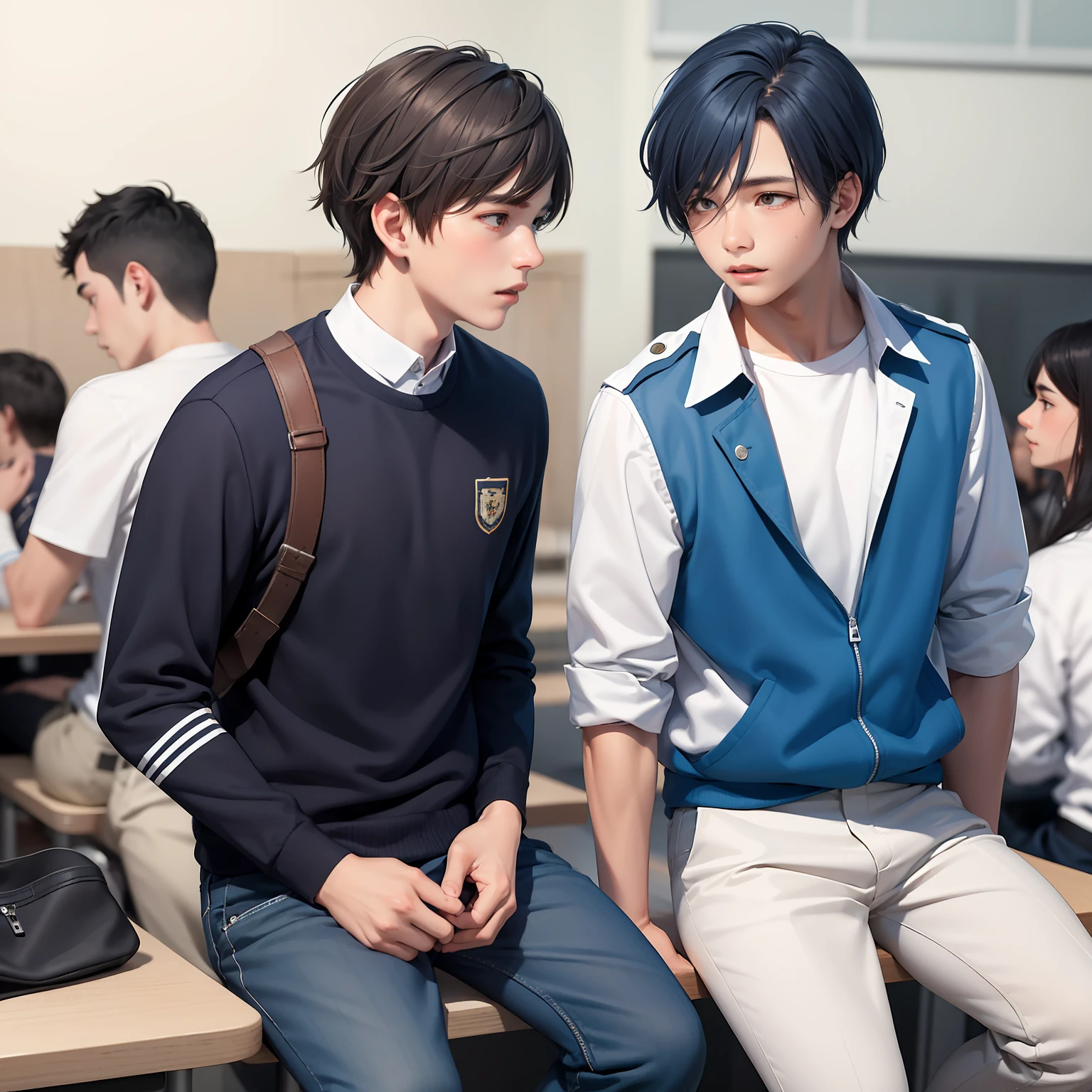 15-year-old boys with brown Latin skin and bright blue hair , are in high school wearing white uniform, hablan preocupados sobre algo importante