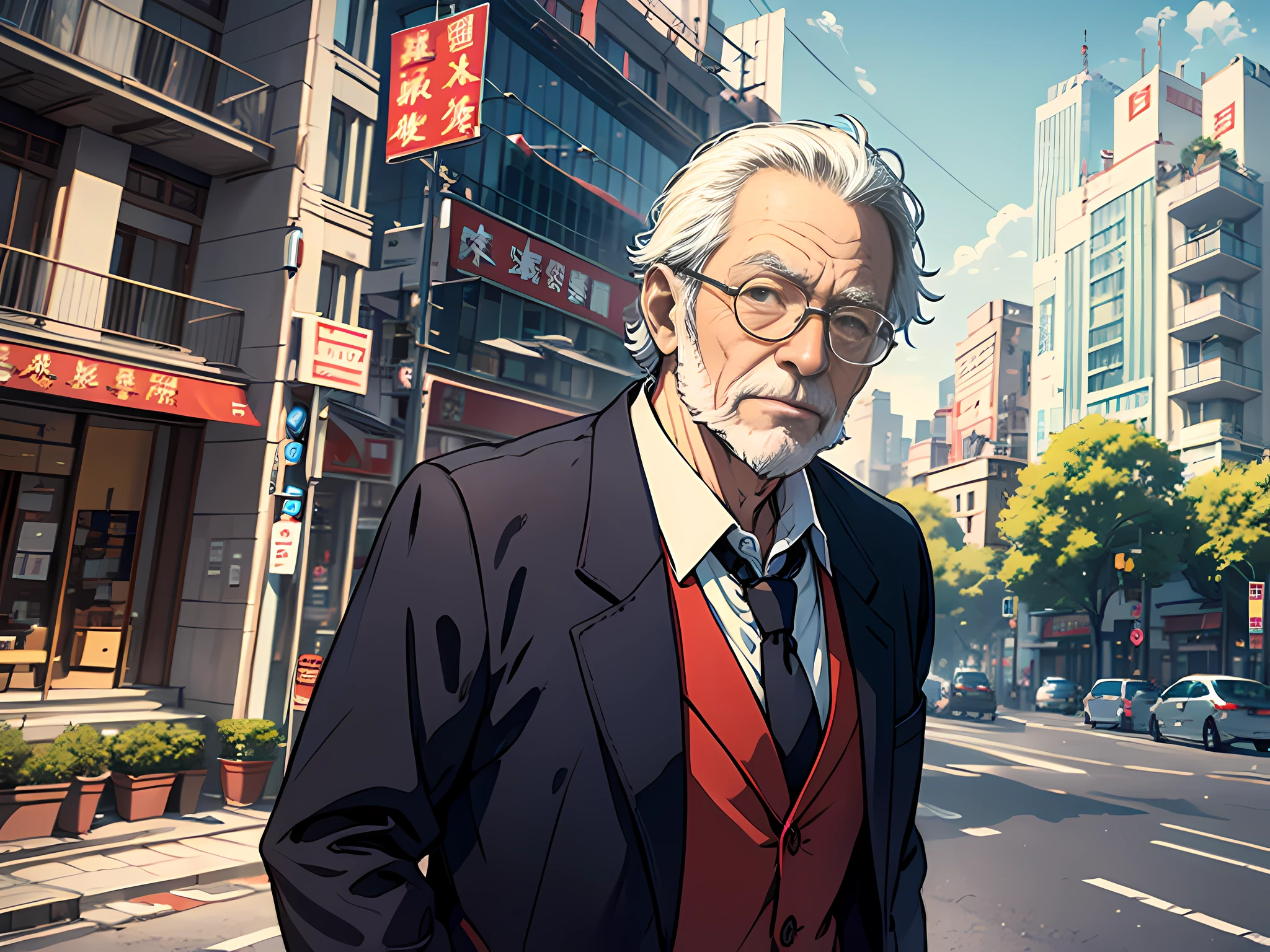 An old man with white sideburns stood in front of the door of the luxurious villa,It is surrounded by a bustling cityscape and high-rise buildings,It symbolizes his status and wealth as the top rich man in China。hyper HD,tmasterpiece,high detal,high qulity,best qualtiy,A high resolution,4K分辨率,8K分辨率,16K resolution,Works of masters