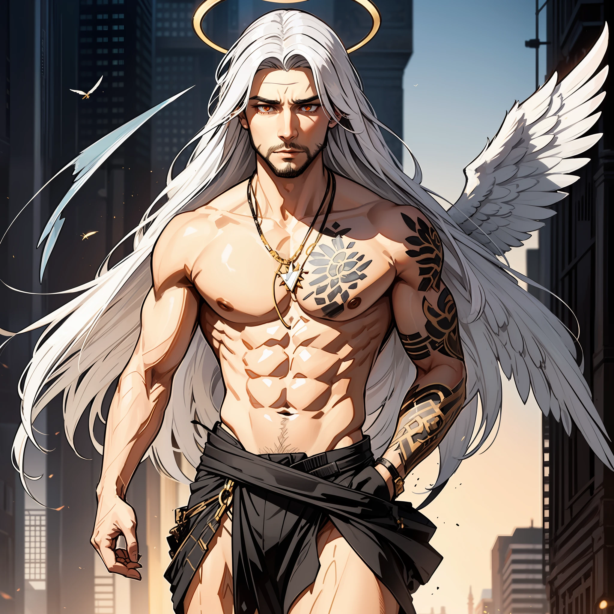 He is a Dominion Angel. He has pure white hair. His hair is moderate in length and very thick. He wears bells in his hair. He has orange eyes. He has no beard. He is tall. He has Large white wings with golden tips and a pair of small golden wings and white tips. His halo is an intense black.