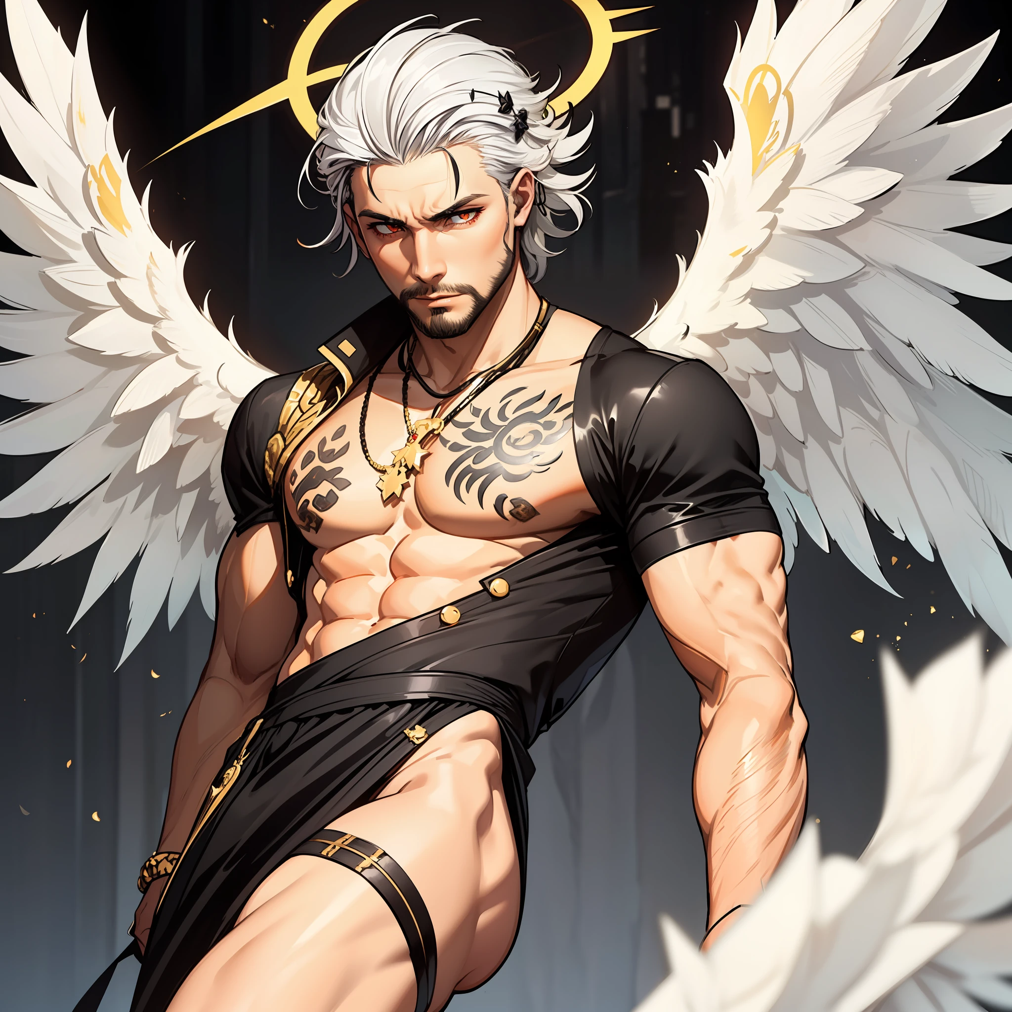 He is a Dominion Angel. He has pure white hair. His hair is moderate in length and very thick. He wears bells in his hair. He has orange eyes. He has no beard. He is tall. He has Large white wings with golden tips and a pair of small golden wings and white tips. His halo is an intense black.