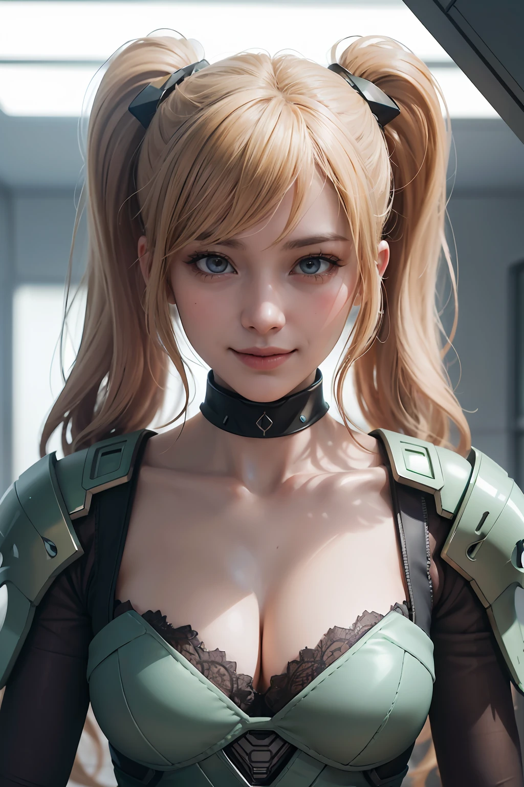 portrait of a beautiful [girl | woman] junko enoshima, blonde long hair, 1girl, twintails, solo, ???????, blue eyes, cleavage, collarbone, ?????????????, bangs, blush, closed mouth, smirk, looking at viewer, upper body, bear hair ornament, nail polish, red nails, red bow,  wearing green mark IV armor from Halo holding a BR55 battle rifle inside futuristic space station,  wispy hair, contrast, texture, realism, high quality, film grain, Fujifilm XT3, insane details, intricate details, hyperdetailed, soft cinematic light, adobe lightroom, photolab, intricate, highly detailed, muted colors, insane details, intricate details, hyperdetailed, soft cinematic light, adobe lightroom, photolab, intricate, highly detailed, muted colors, masterpiece, (close up portrait of a smiling girl) , (backlighting), (intricate, octane render, highly detailed, 8k, hdr, uhd, high quality, professional, Unreal engine,Trending on artstation), lens flare, shade