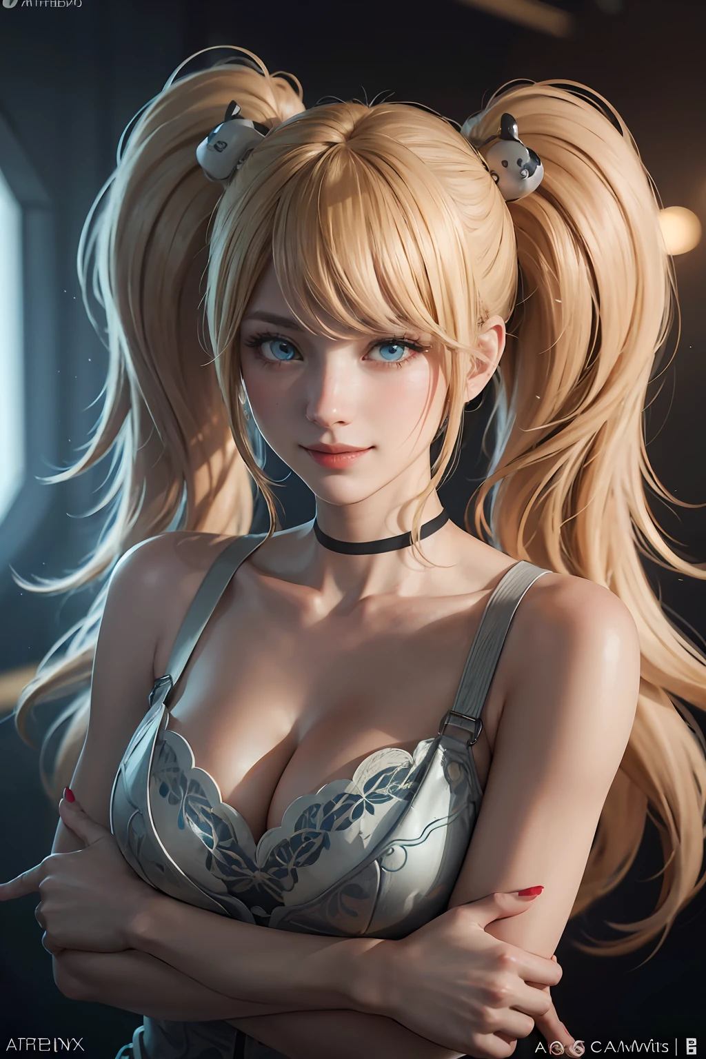 portrait of a beautiful [girl | woman] junko enoshima, blonde long hair, 1girl, twintails, solo, breasts, blue eyes, cleavage, collarbone, large breasts, bangs, blush, closed mouth, smirk, looking at viewer, upper body, bear hair ornament, nail polish, red nails, red bow,  wearing green mark IV armor from Halo holding a BR55 battle rifle inside futuristic space station,  wispy hair, contrast, texture, realism, high quality, film grain, Fujifilm XT3, insane details, intricate details, hyperdetailed, soft cinematic light, adobe lightroom, photolab, intricate, highly detailed, muted colors, insane details, intricate details, hyperdetailed, soft cinematic light, adobe lightroom, photolab, intricate, highly detailed, muted colors, masterpiece, (close up portrait of a smiling girl) , (backlighting), (intricate, octane render, highly detailed, 8k, hdr, uhd, high quality, professional, Unreal engine,Trending on artstation), lens flare, shade