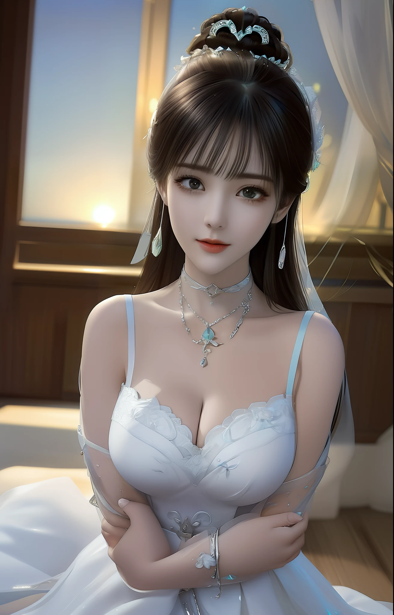 rosto magro,Slim,Lori huge breasts cleavage,Best quality、tmasterpiece、A high resolution、1girll、Porcelain dress、hair adornments、choker necklace、jewely、pretty face、Physically、Tyndall effect、realisticlying、Shadow Studio、edge lit、bicolor lighting、(highdetailskin:1.2)、8K Ultra HD、Digital SLR、softlighting、high high quality、volumettic light、sneak shot、photore、A high resolution、4K、8K、The background is blurred out,Full body photo,Jade foot,