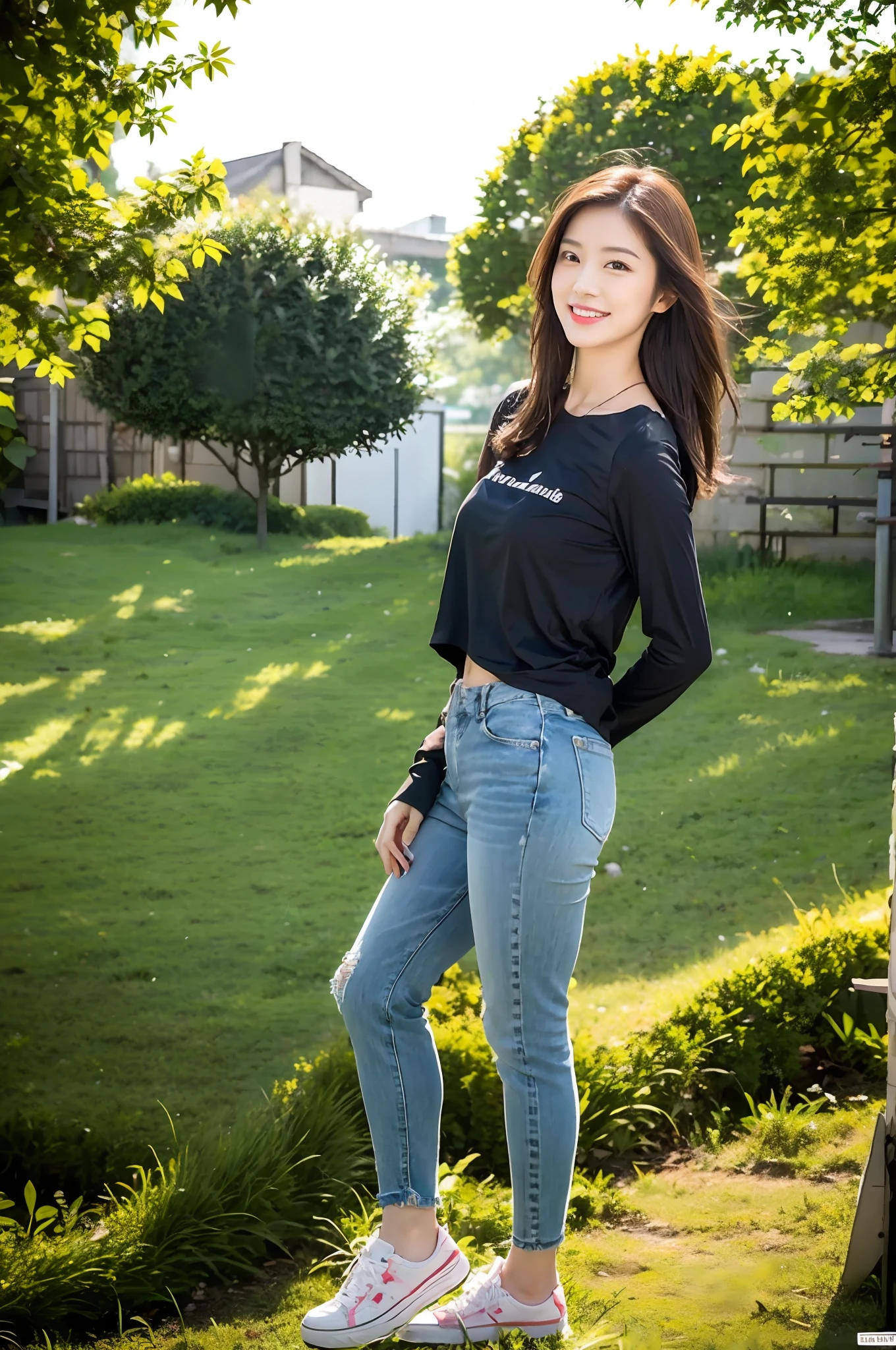 （RAW photogr，超高分辨率，tmasterpiece，best qualtiy：1.4），Complicated details，2 20 year old Korean girl，Wear a loose black T-shirt and skinny jeans，Stand on the grass and take pictures，hugs，Intimate relationships，Detailed meadow，A sweet smile on a small face，The face and skin are pink and fair，Ultra-realistic facial details，Playful and coquettish pose，The calves are straight and slender:1.5，Wear high-end branded colorful travel shoes:1.5，eventide，warm color，Broad lighting，naturalshadow，Shoot from the back，Beautiful waist and hips，taking a full body photo:1.8