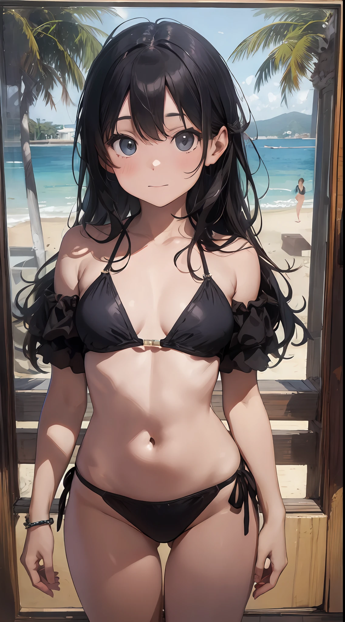 Antonio Lopez、Chuck Close、Ron Mueck、Richard Estes、Inspired by Marilyn Minter's technique、Surreal portrait of Japan middle school student in black off-the-shoulder bikini on the beach in Palau。
