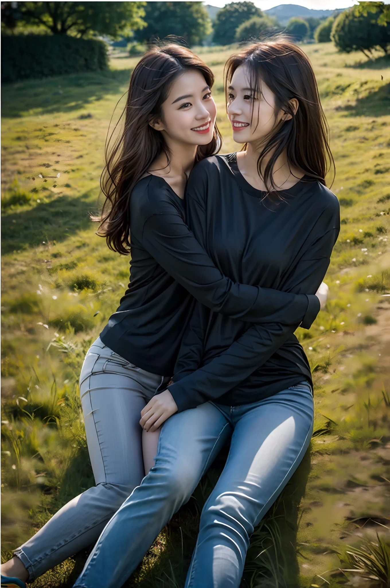 (RAW photogr,超高分辨率,tmasterpiece,best qualtiy:1.4),Complicated details,2 20 year old Korean girl,Wear a loose black T-shirt and skinny jeans,Stand on the grass and take pictures,hugs,Intimate relationships,Detailed meadow,A sweet smile on a small face,The face and skin are pink and fair,Ultra-realistic facial details,Playful and coquettish pose,The calves are straight and slender:1.5,Wear high-end branded colorful travel shoes:1.5,eventide,warm color,Broad lighting,naturalshadow,taking a full body photo:1.8