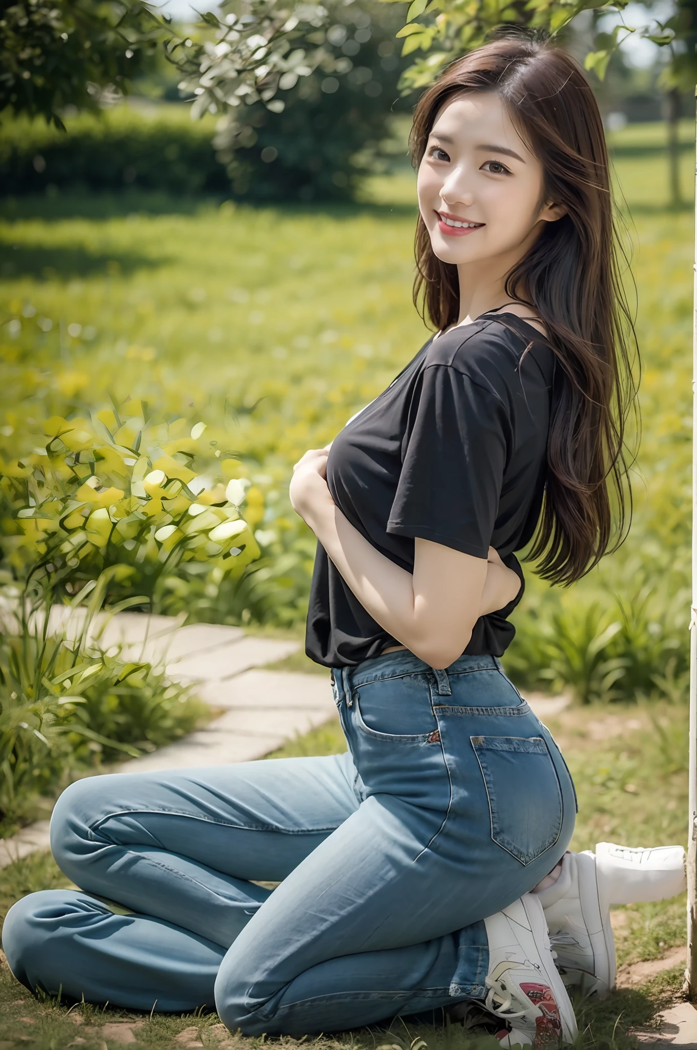 （RAW photogr，超高分辨率，tmasterpiece，best qualtiy：1.4），Complicated details，2 20 year old Korean girl，Wear a loose black T-shirt and skinny jeans，Stand on the grass and take pictures，hugs，Intimate relationships，Detailed meadow，A sweet smile on a small face，The face and skin are pink and fair，Ultra-realistic facial details，Playful and coquettish pose，The calves are straight and slender:1.5，Wear high-end branded colorful travel shoes:1.5，eventide，warm color，Broad lighting，naturalshadow，Shoot from the back，Beautiful waist and hips，taking a full body photo:1.8