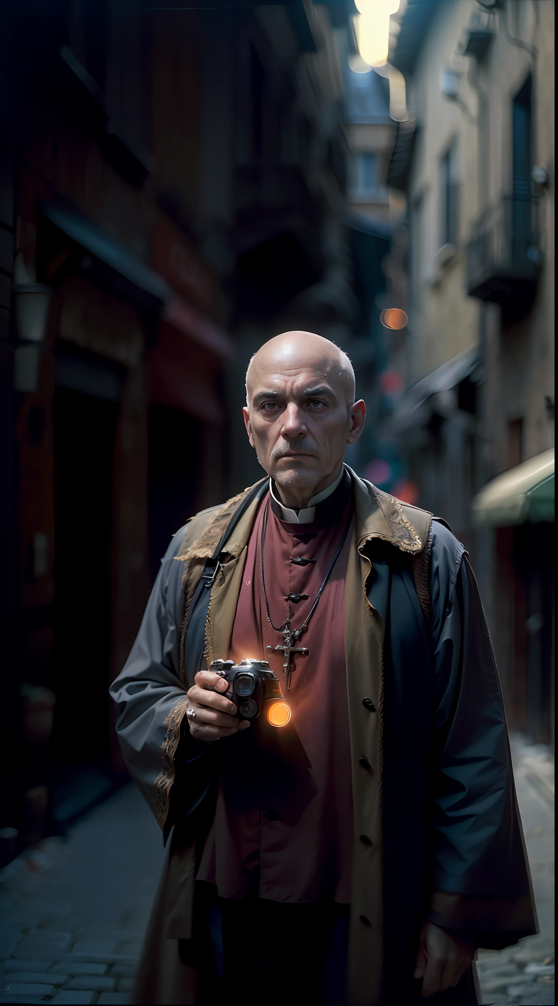 (
    (Character: one italian man, 70 years old, exorcist, serious face,bald),(sfw:1.3)
    (Clothing: Priest's vest, holding a holy symbols)
    (Posing against a city street at night)
    (Abstract colors, texture, film grain, analog style, cinematic movie still frame, black color scheme)
    (Skin pores, dusty atmospheric haze, vignetting, wrinkles:0.2, intricate hasselblad dslr RAW dramatic portrait photo, eye contact, nofilter selfie, (backlit)1.2, (film grain)1.2)
)