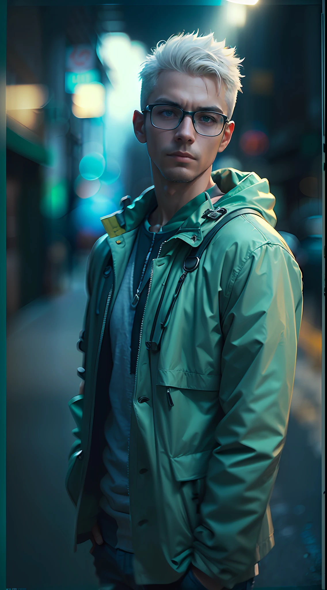 (
    (Character: one man, 20 years old, white hair, clean-shaven, slim body)
    (Clothing: mint green coat, glasses, explorer backpack)
    (Posing against a city street at night)
    (Abstract colors, texture, film grain, analog style, cinematic movie still frame, mint green color scheme)
    (Skin pores, dusty atmospheric haze, vignetting, wrinkles:0.2, intricate hasselblad dslr RAW dramatic portrait photo, eye contact, nofilter selfie, (backlit)1.2, (film grain)1.2)
)