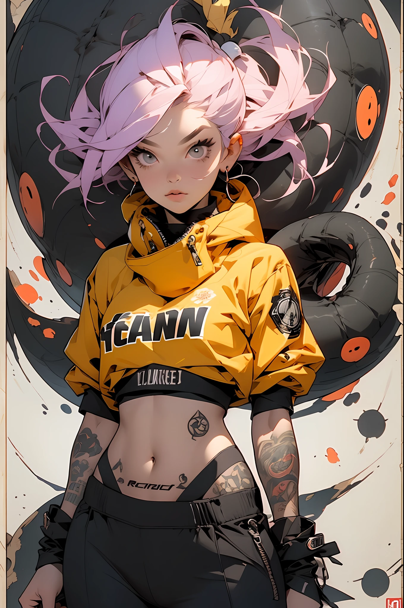 roxo: 1.5, laranja: 1.1, Branco: 1.3, amarelo: 1.3, (garota rapper com cabelo pavor), tatuagens, (roupas puffer do poder: 1.2), flor, folhas, mistborn, linhas, background circles, action pose