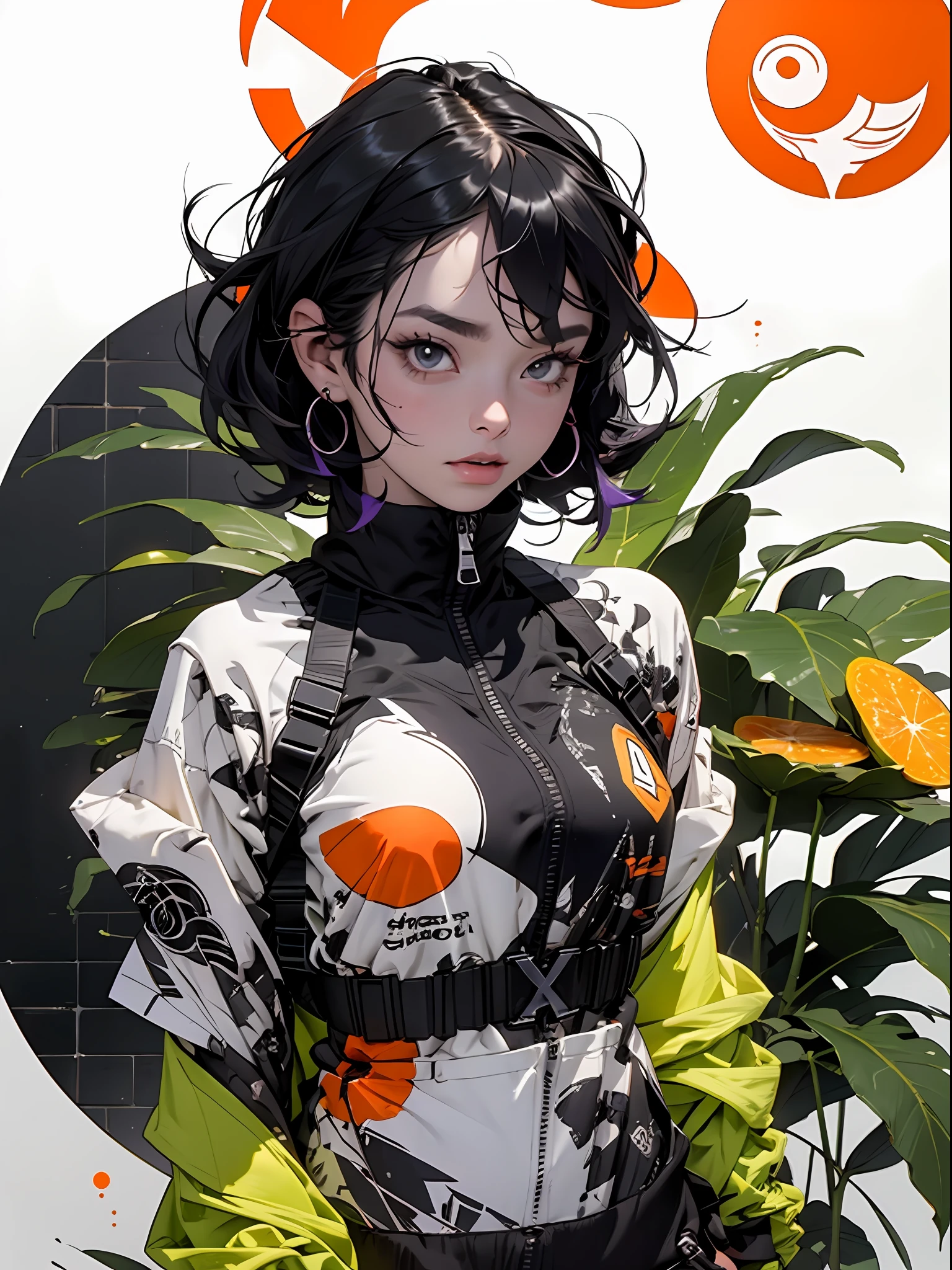 roxo: 1.5, laranja: 1.1, Branco: 1.3, amarelo: 1.3, (garota rapper com cabelo pavor), tatuagens, (roupas puffer do poder: 1.2), flor, folhas, mistborn, linhas, background circles