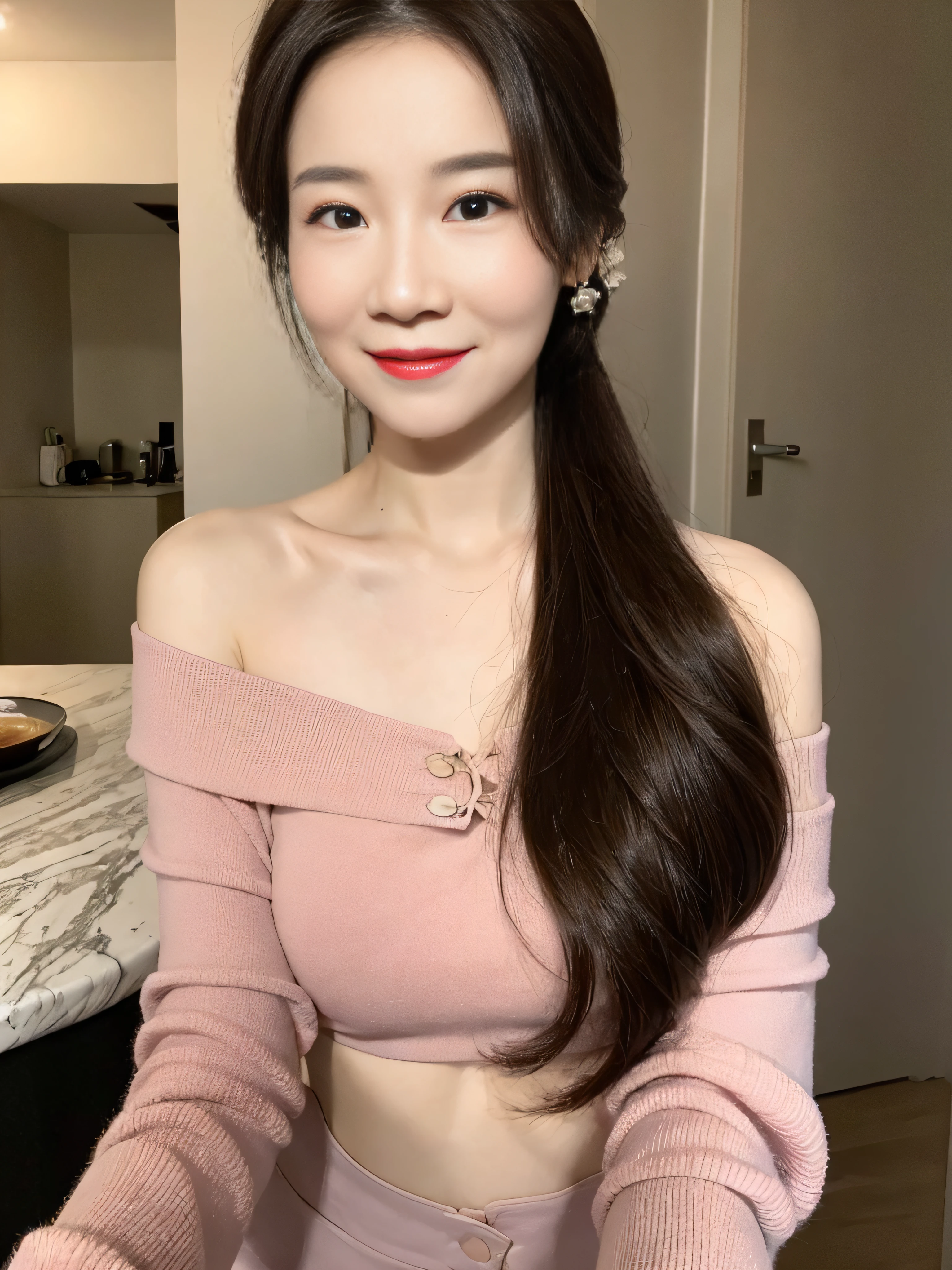 (1 Korean star with royal sister style), ((best quality, 8k, masterpiece: 1.3)), focus: 1.2, perfect body beauty: 1.4, (smile), (Street: 1.3), highly detailed face and skin texture, fine eyes, double eyelids, whitening skin, (big wave hairstyle: 1.3), (round face: 1.5), (rose off-the-shoulder top: 1.4),