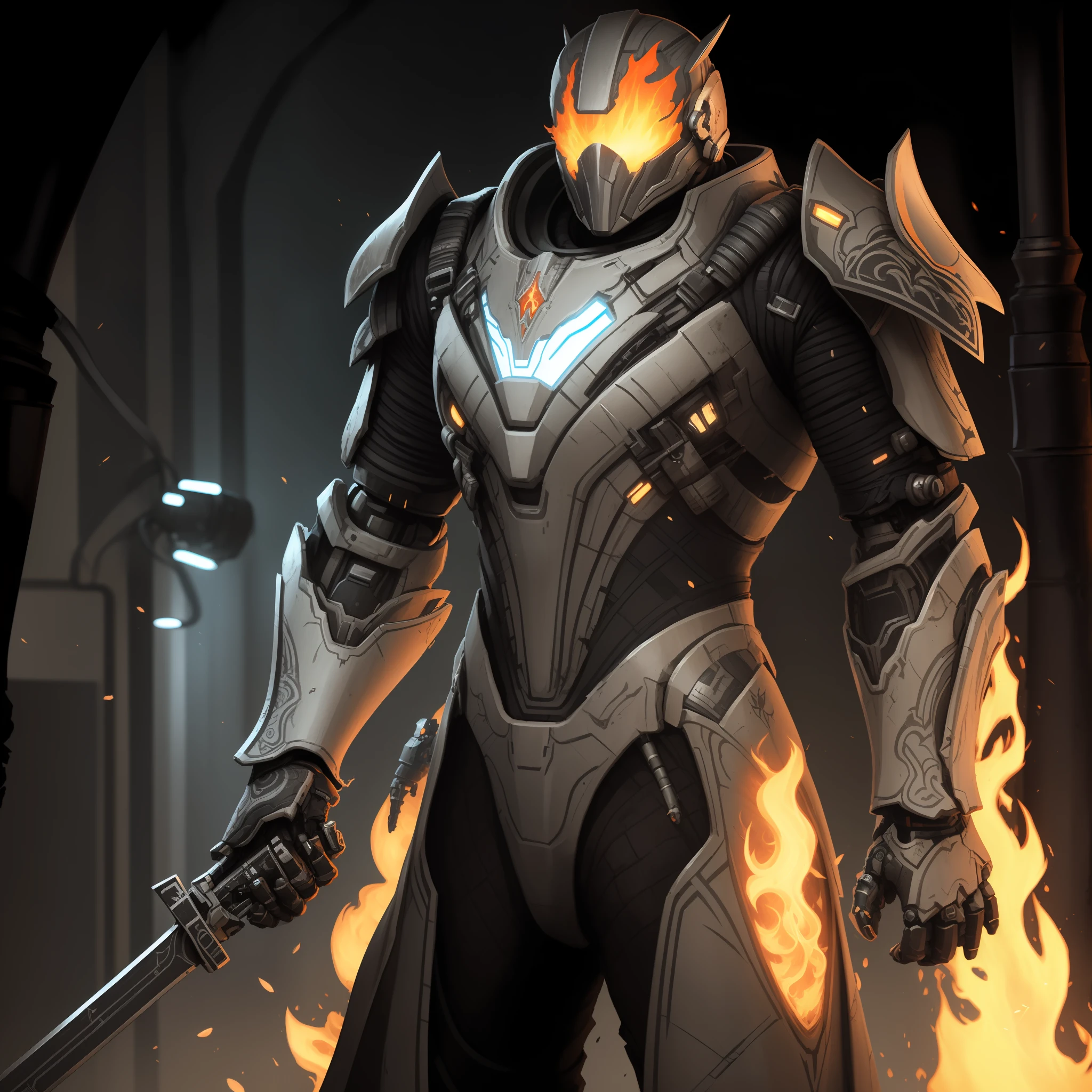 Arafeld robot with sword and armor in a dark room, warframe art, cybernetic flame armor, High quality digital concept art, intricate assasin mecha armor, warframe infested art, ultra detailed game art, style of raymond swanland, warframe destiny art, Stunning armor, Demon armor, detailed warframe fanart, covered in full metal armor --auto