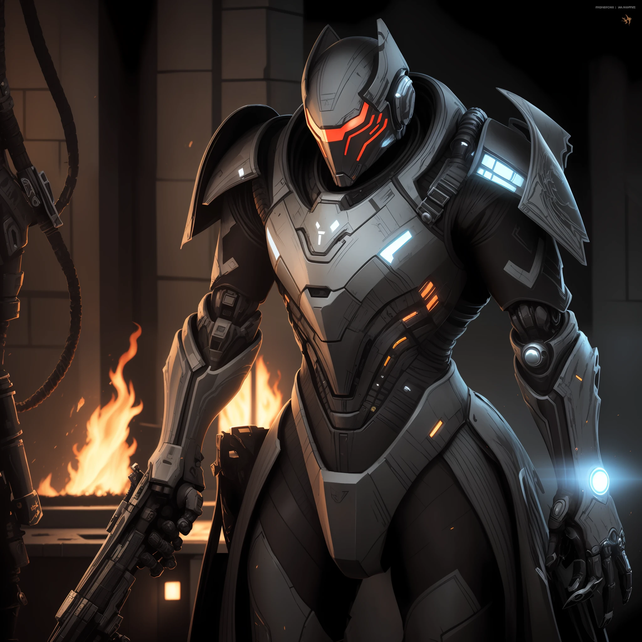Arafeld robot with sword and armor in a dark room, warframe art, cybernetic flame armor, High quality digital concept art, intricate assasin mecha armor, warframe infested art, ultra detailed game art, style of raymond swanland, warframe destiny art, Stunning armor, Demon armor, detailed warframe fanart, covered in full metal armor --auto