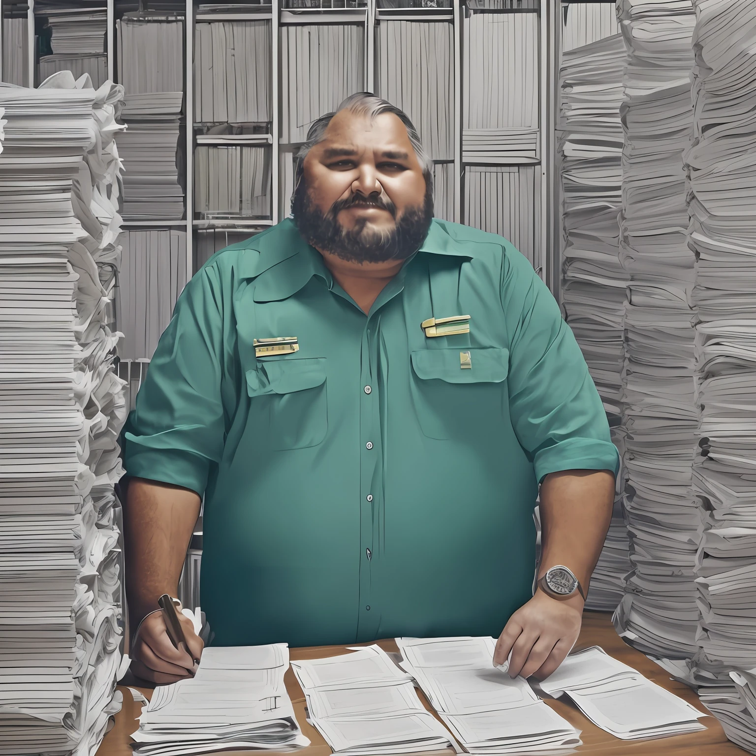 ((Oficina de aduana, Papeles y equipaje)), A very fat disheveled man , cara enojada, Camisa azul, pantalones khaki, sentado en el fondo