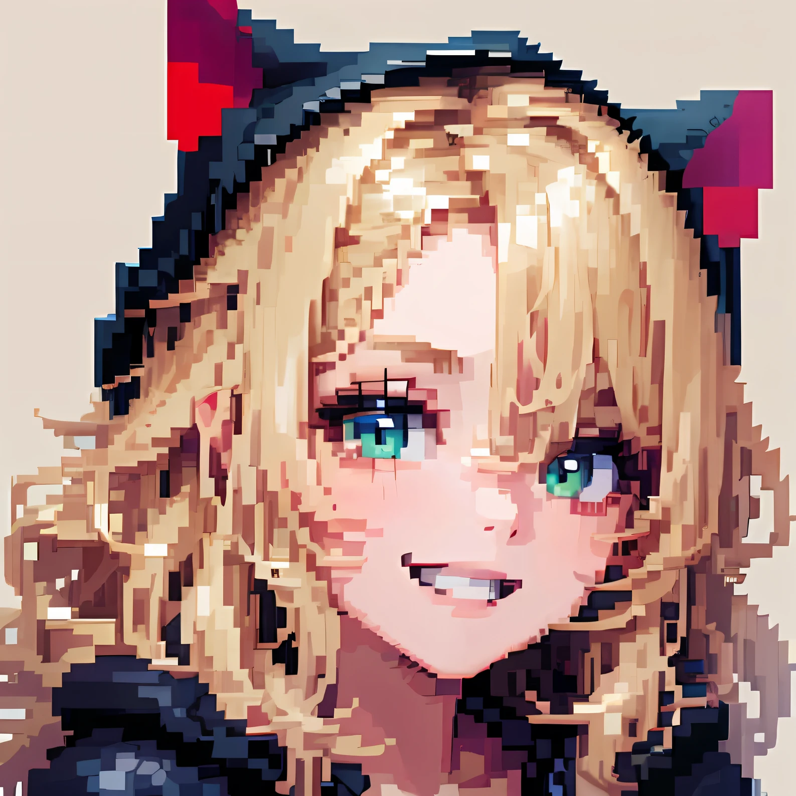 ((in the style of pixel art)), pixel, 8 bits, 1girl, close-up, face only, beige hair, blonde hair, green eyes, grin, loose hoodie, black hoodie, hood, big hair, wavy hair, very long hair, pixel official art, absurd res, looking at viewer, solo focus, simple background, gray background