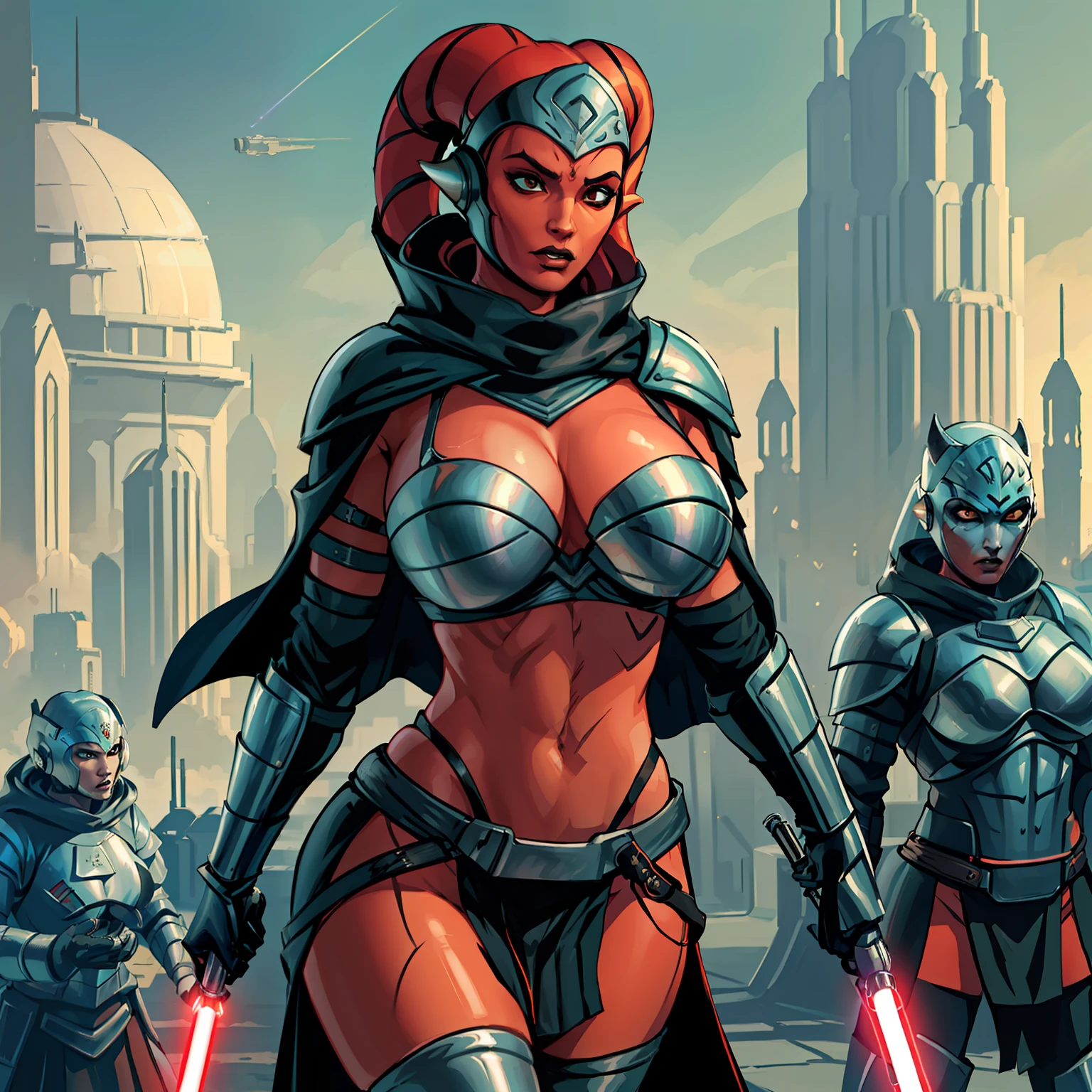 action scene, fighting, masterpiece, best quality, high-definition, armor, busty, ((red skin), twi'lek), dual red lightsabers, evil space knight, space ninja, (wearing black robes, black stealth armor, breastplate, tunic, tabard, cowl, cloak, body glove, straps, buckles, skirts, long sleeves, fantasy, ((armor))), ((busty), slender body, thin, slim sexy body, slim waist, (((huge breasts)))), Imperial starship, Star Wars,