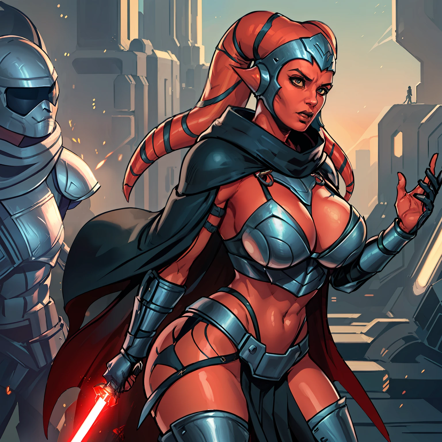 action scene, fighting, masterpiece, best quality, high-definition, armor, busty, ((red skin), twi'lek), dual red lightsabers, evil space knight, space ninja, (wearing black robes, black stealth armor, breastplate, tunic, tabard, cowl, cloak, body glove, straps, buckles, skirts, long sleeves, fantasy, ((armor))), ((busty), slender body, thin, slim sexy body, slim waist, (((huge breasts)))), Imperial starship, Star Wars,