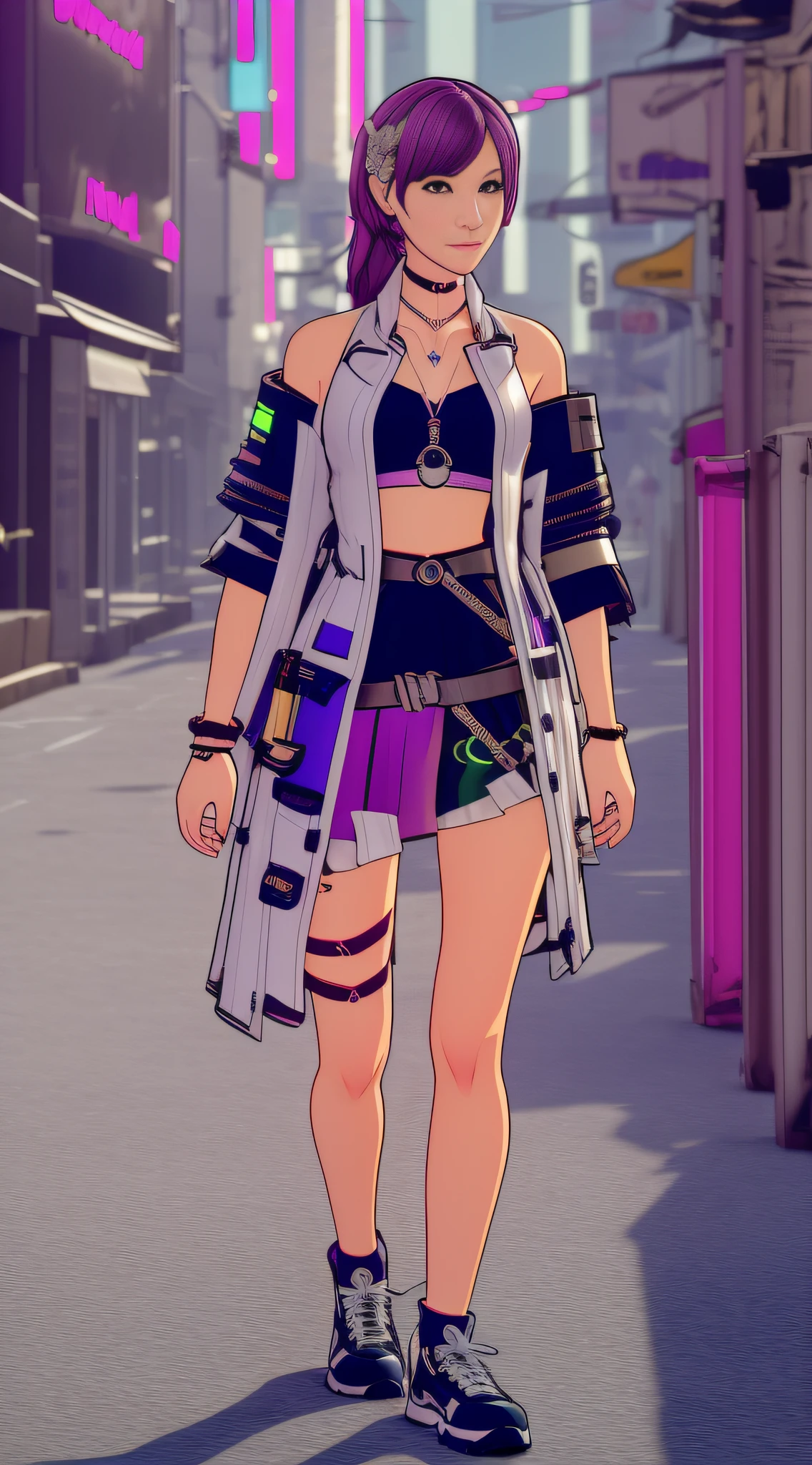 Cyberpunk Girl wearing a phosphorescent yellow green clothes and sneakers