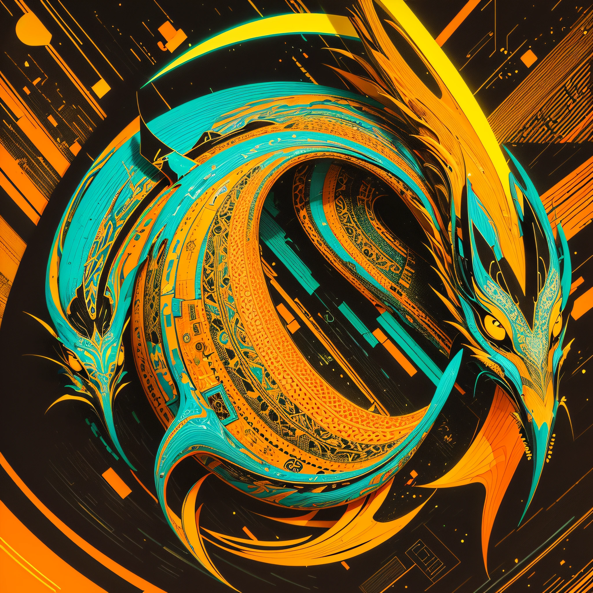 esilo pattern geometricos de tela colorfull, textura colorida, simbolos inkas y indues, colores. orange, neon, yellow , black, neon, 2d, 4k --auto