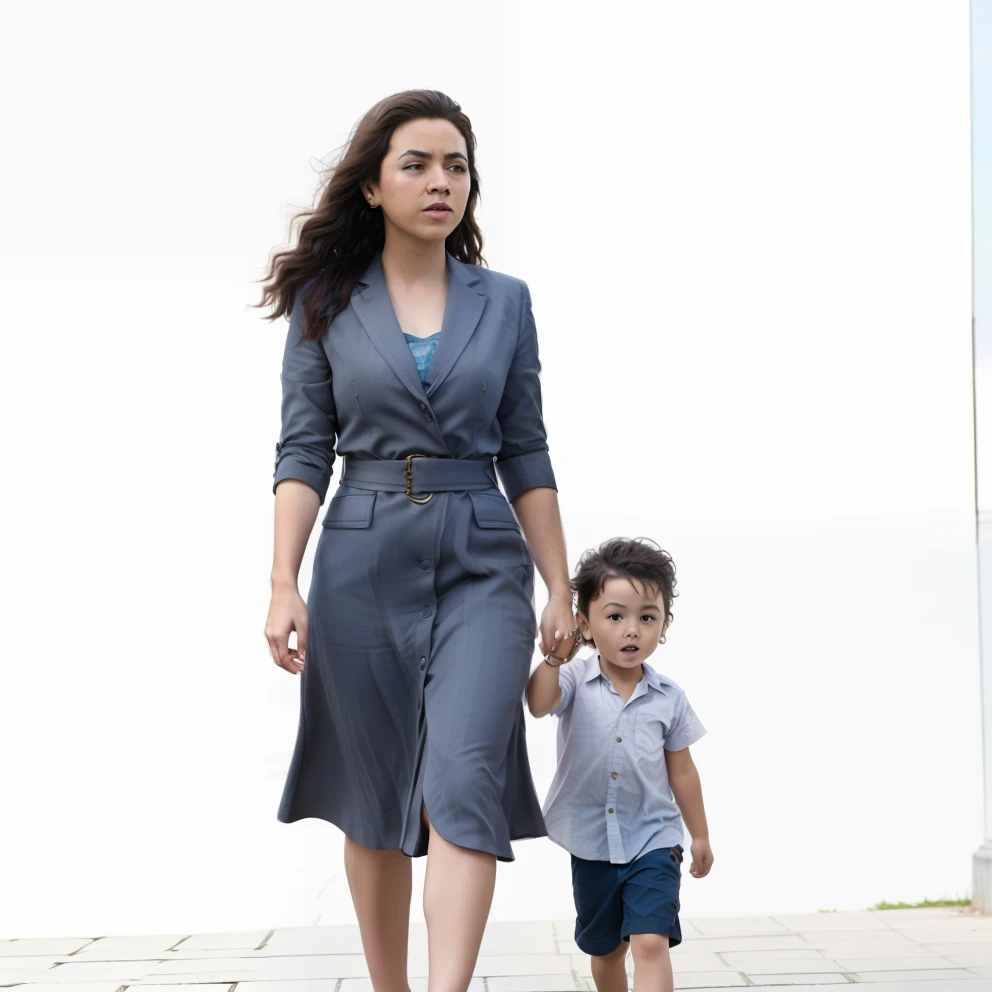 Woman in blue dress walking with a  on a sidewalk, ainda de um filme live action, migrant mother, 8 k filme ainda, maia 8 mil, filme ainda 8K, realista, with a child wearing antique suit of gray color, ainda do filme, cena do filme live action, cinematic full shot, em estilo de ultra realista, filme muito realista ainda, Cor ainda