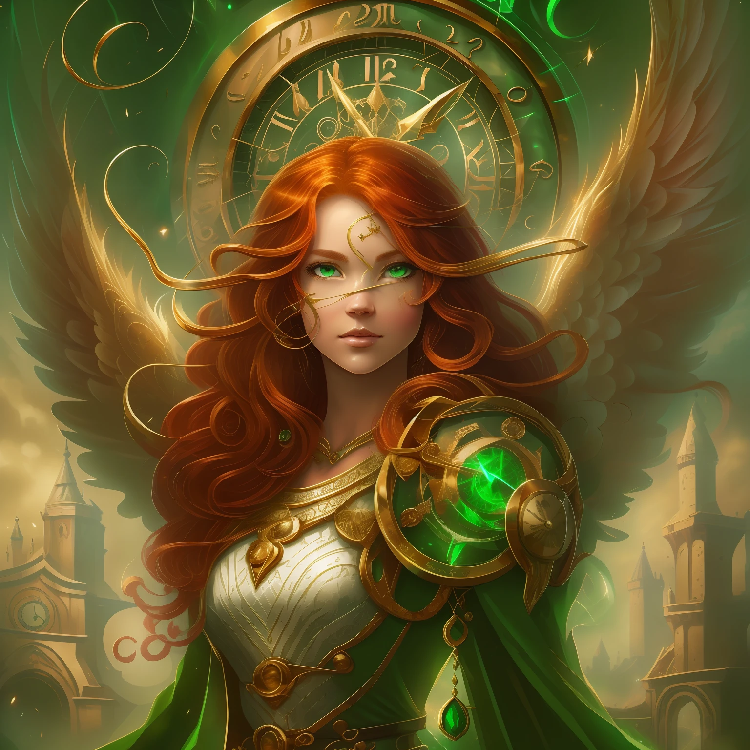 Poderoso Retrato de uma Angel, com orelhas pontudas, (asas brancas), cabelos na cor vermelha (longos e ondulados), ((red hair)), olhos detalhados (verdes e destemidos) ((Green eyes)), armadura de couro detalhada, against the backdrop of grandiose clocks and golden energy, cronomante, viajante no tempo, magia, altamente magico, personagem rpg