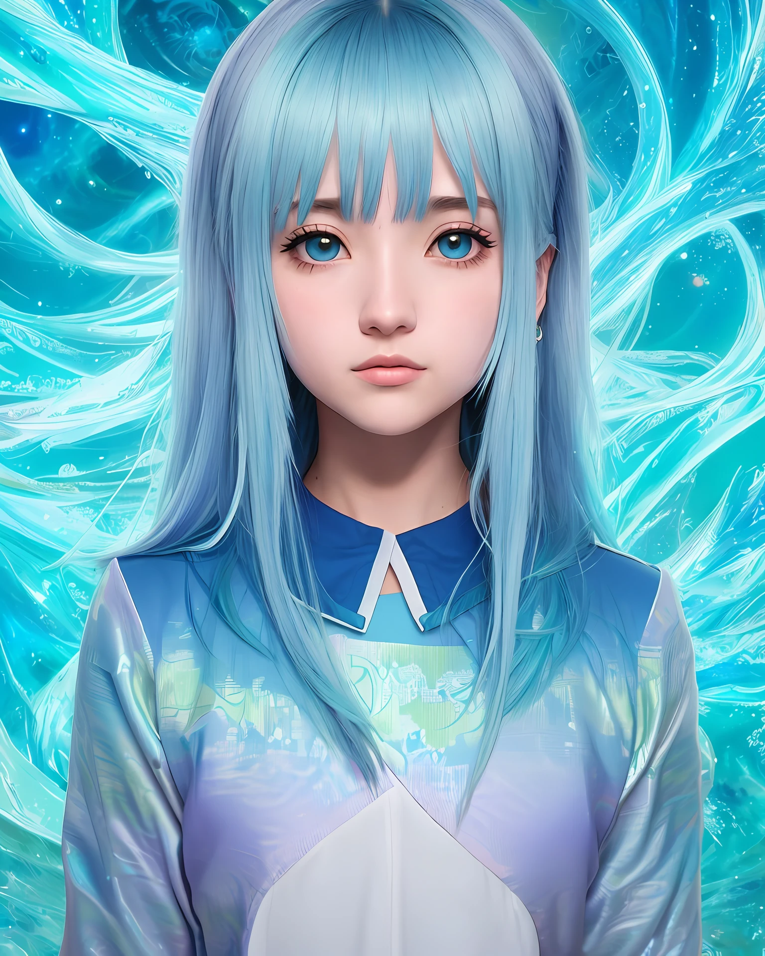 um close up de uma pessoa , Retrato (Aqua do anime KonoSuba), Beeple e James Jean, Beeple-style hybrid blend, inspirado em Mike Winkelmann, fundo ninja ciborgue fractal, luzes elaboradas, olhos azuis, cabelos longos, cabeloz azuis claros