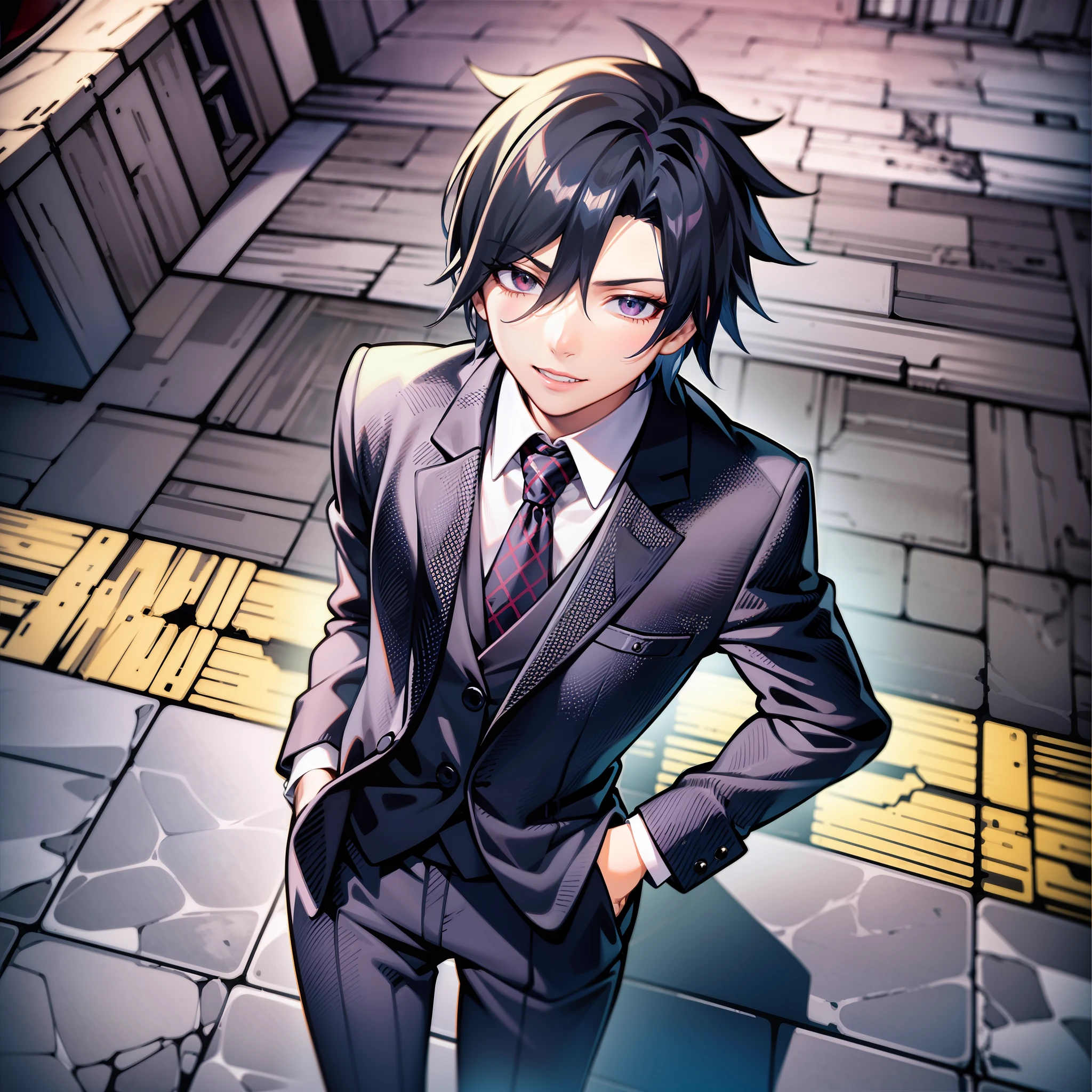 extremy detailed, ultra - detailed, illustratio, the Extremely Detailed CG Unity 8K Wallpapers, 1male people,Soul Evans, formal, black and red suit, tiese, streaked, pinstripe pattern, Black pantsuit, Hands in your pockets, ssmile, teeth, Red and black checkered floors, looking at viewert, from the above, full bodyesbian, dynamic angle,Starlight bright background