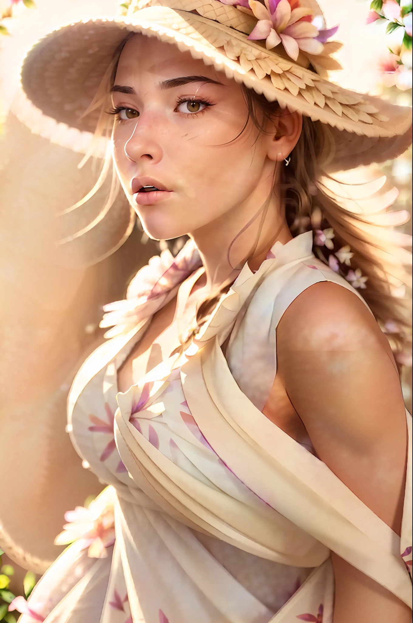 (extreme close up:1.5), (face focus:2),(Style of ???? ???:1.5),
((side face:2)),(1girl surrounded by soft_light:1.5), (backlighting:1.8), (lighting),(flowing fabric:1.3), ((Floral_summer_dress:1.5),(Straw_hat:1.3)),
(masterpiece), realistic, HDR, highly detailed, 8k, raw photo,
ambient occlusion, natural, harmonious composition, warm tones, fine art photography,