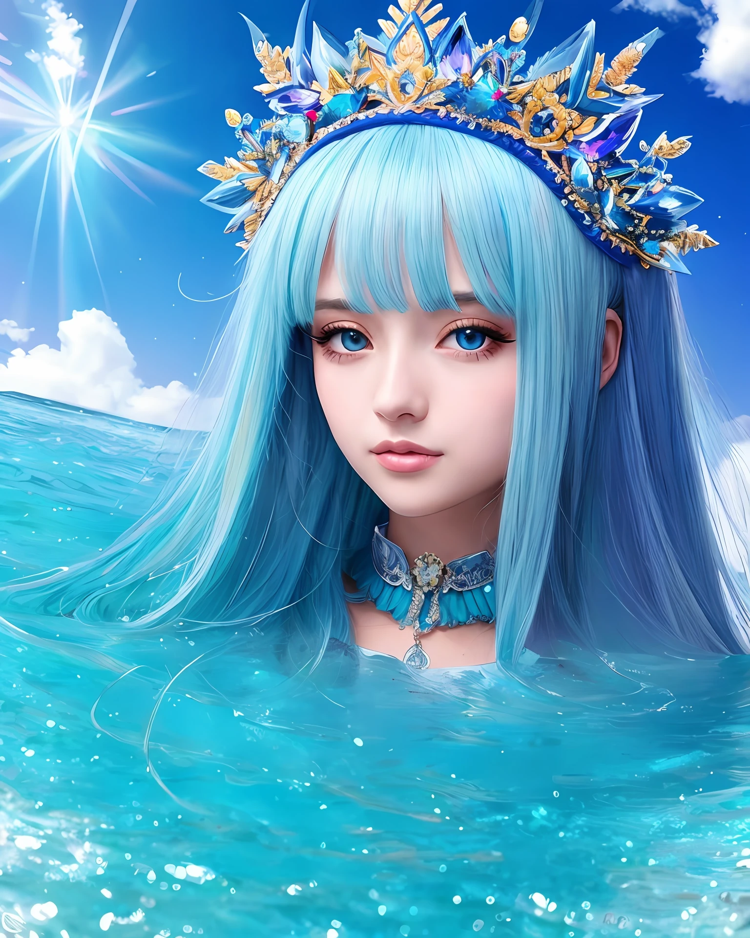 um close up de uma pessoa usando um headpiece brilhante com uma coroa sobre ele, Retrato de uma rainha ciborgue (Aqua do anime KonoSuba), Beeple e James Jean, Beeple-style hybrid blend, inspirado em Mike Winkelmann, fundo ninja ciborgue fractal, luzes elaboradas, olhos azuis, cabelos longos, cabeloz azuis claros