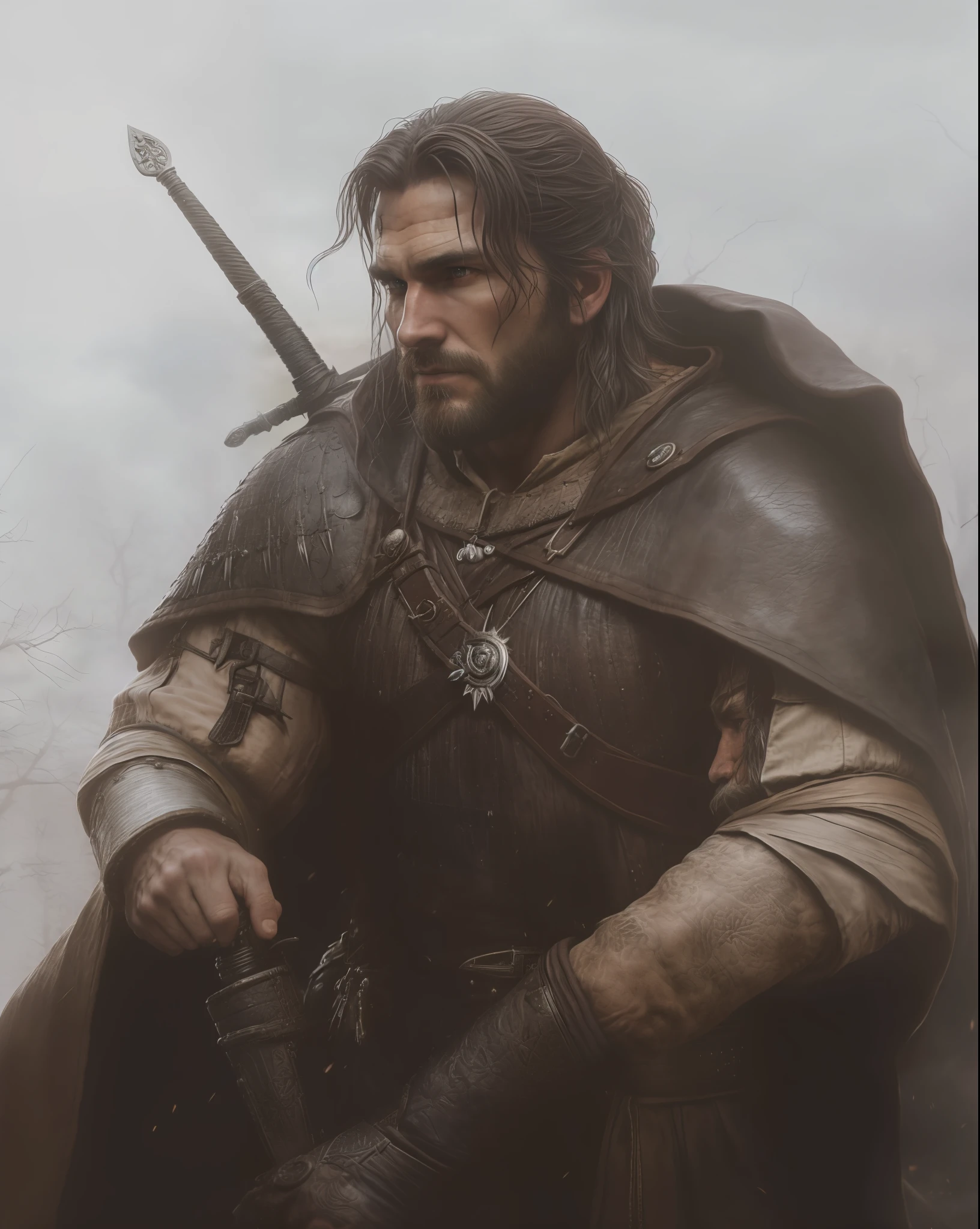 An actor Clive Standen as Eskel, the Witcher, with a cape, epic portrait, character portrait art, painted character portrait, detailed character portrait, character art portrait, fantasy genre portrait, fantasy character portrait, character - portrait, epic character portrait, rpg portrait concept art, The witcher 3, realistically, dynamic lights, old, full footage, (extremely detailed 8k wallpaper of CG unit), trend in ArtStation, trend in CGSociety, high detail, sharp focus, dramatic, photorealistic