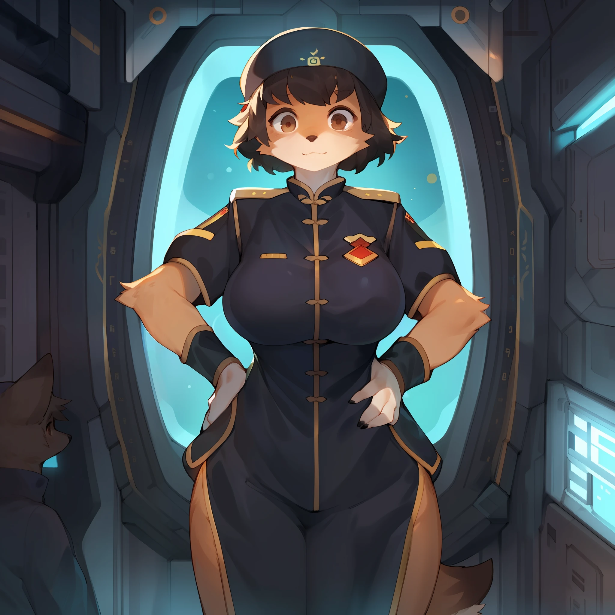 Solo, female, standing, (((green chinese military uniform))), big breasts, (((black beret))), black hair, short hair, canine, tan fur, brown fox, brown eyes, standing at the controls of a spaceship, window, space, by bebebebebe, by spuydjeks, by spikedmauler