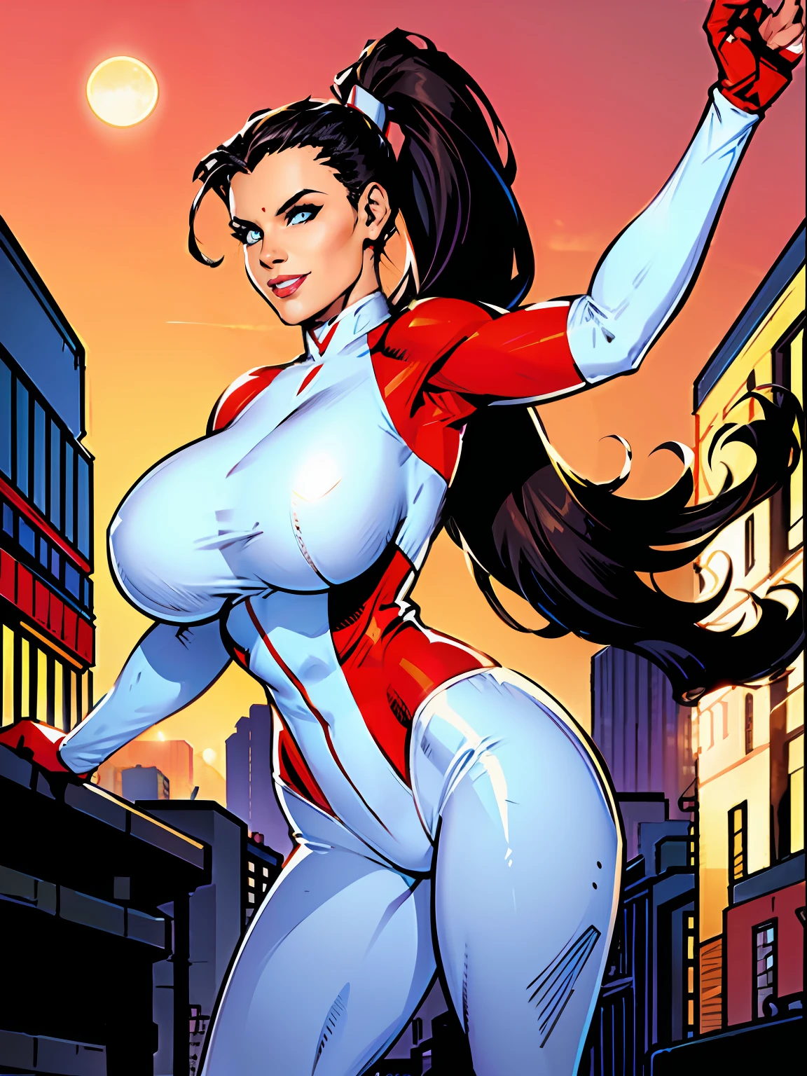 Stretcher comic book woman, happy, smiling, long hair, huge ponytail, slim, thin, athletic, womanly, rubbery, elastic woman, white and red spandex, rubber body, brunette, ((huge breasts)), city street, daytime, heroic, cheerful,