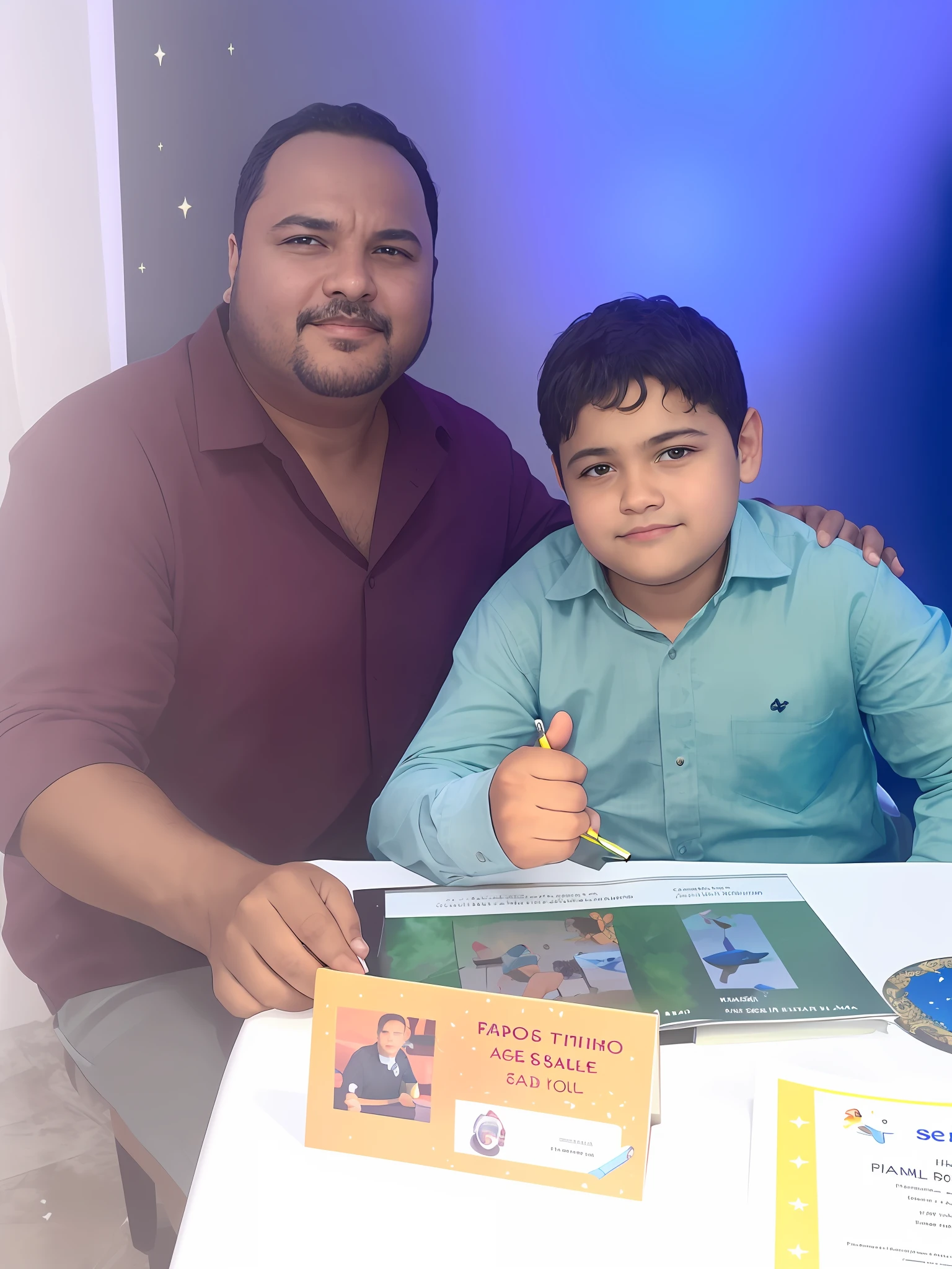 there is a man and a boy sitting at a table, Directed by: Samuel Silva, Directed by: Emerson Silva, Directed by: Nandor Soldier, caio santos, with a kid, Directed by: Milton Menasco, Carmelo Blandino, Directed by: David Ruby, icaro carvalho, Directed by: Ramon Silva, Directed by: Luis Miranda, Foto realista
