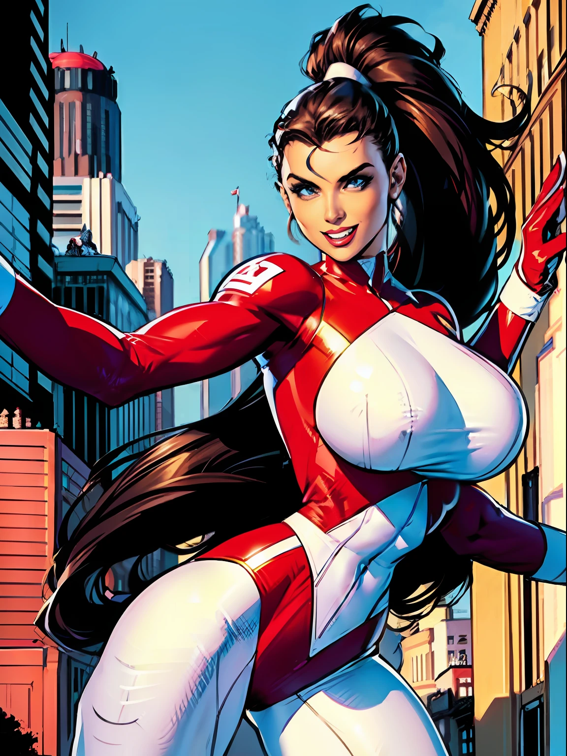 Stretcher comic book woman, happy, smiling, long hair, huge ponytail, slim, thin, athletic, womanly, rubbery, elastic woman, white and red spandex, rubber body, brunette, ((huge breasts)), city street, daytime, heroic, cheerful,
