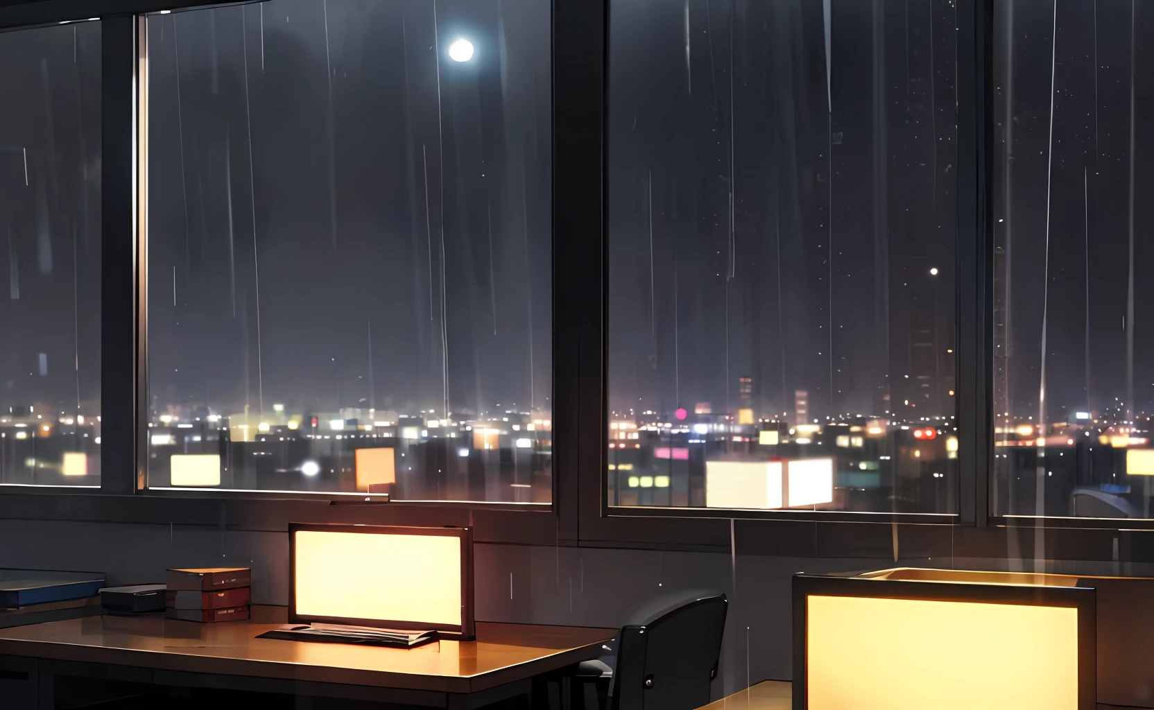 Office at night rain outside