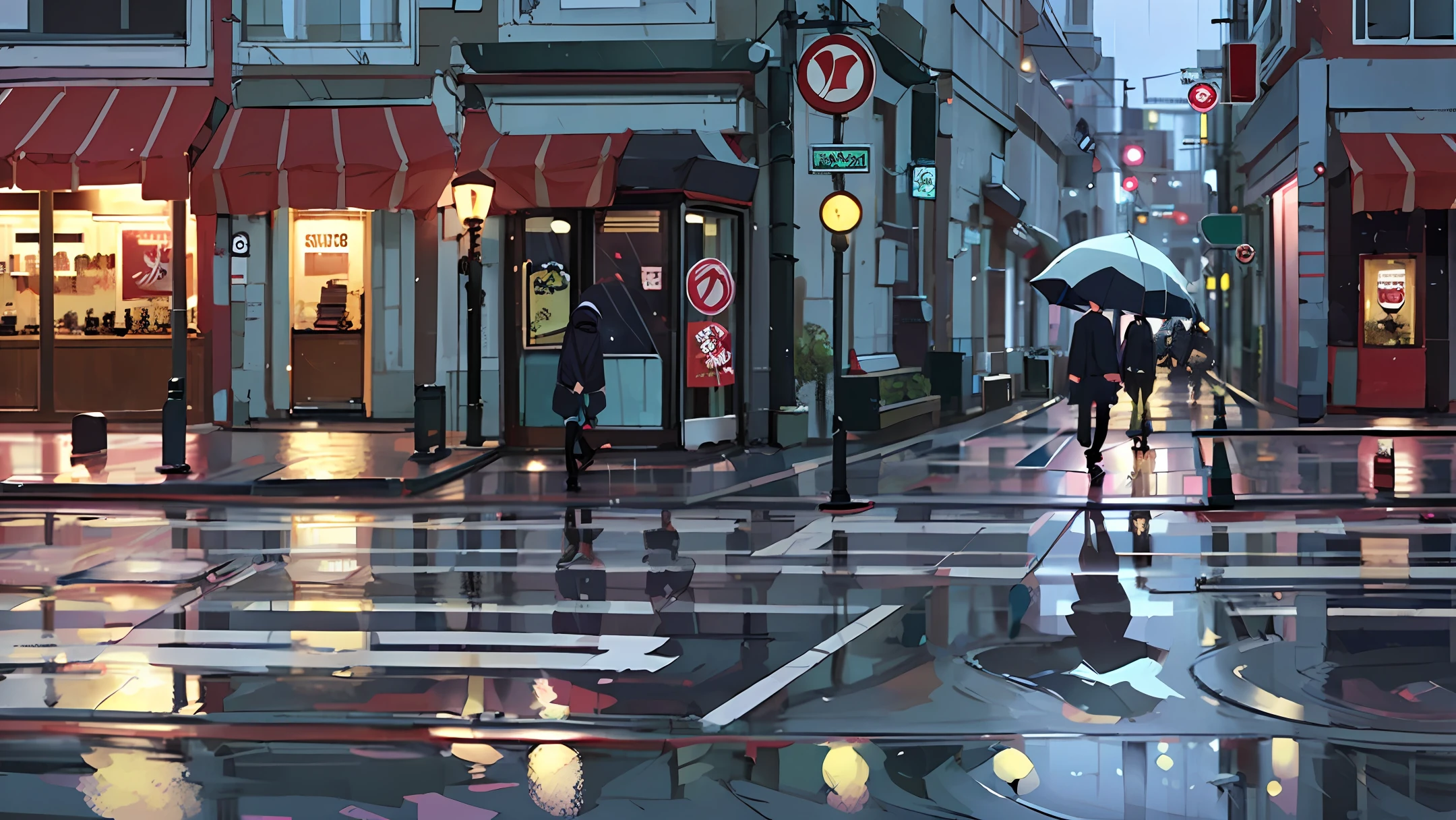 raining night,Reflective ground,There is only one person walking on the street,Back Shadow