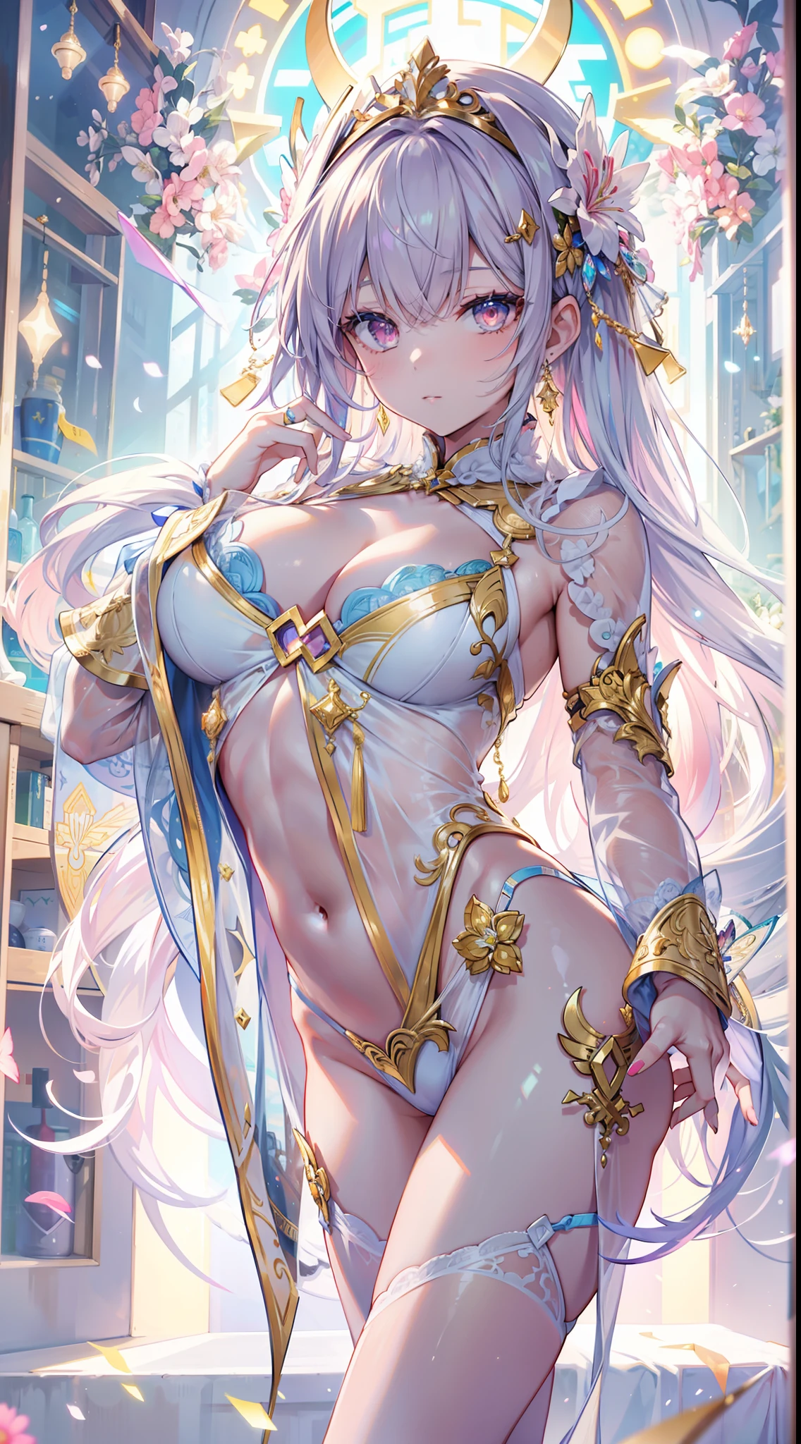 ((Masterpiece)), best quality, absurderes, ultra detailed, 8k, dynamic pose, super complex details, intricate details, holographic, cowboy shot, golden ratio, super cute girl, neon aura, delicate and beautiful face, mature girl, super beautiful asian girl with super beautiful glowing eyes, super beautiful glowing multicolored hair, nice and sexy body, slim body, perfect body, wearing magical lingerie, celestial hair ornament, in a marshmallow world
