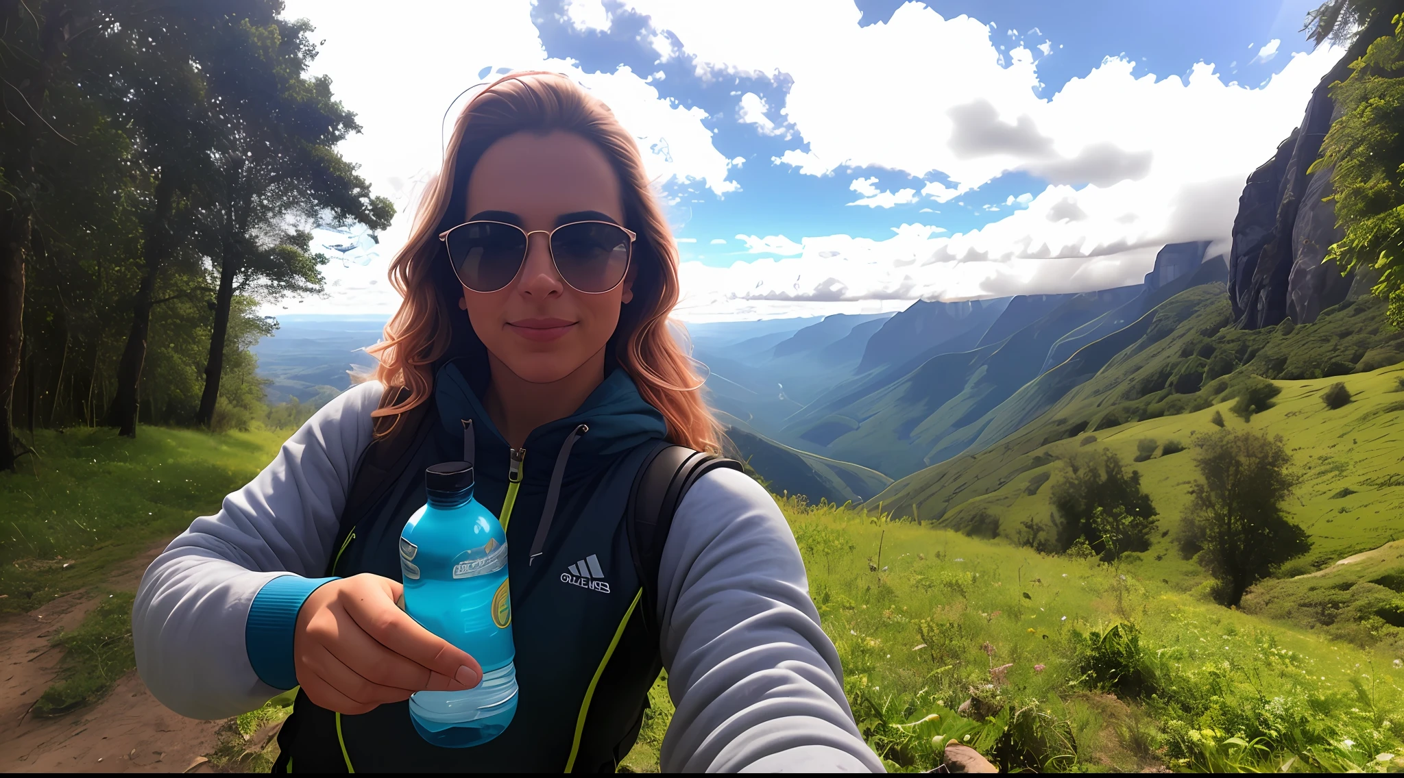 1 mulher ((selfie da parte superior do corpo, feliz)), obra-prima, melhor qualidade, ultradetalhada, solo, ao ar livre, (noite), montanhas, natureza, (estrelas, lua) alegre, feliz, mochila, saco de dormir, camping stove, water bottle, botas de montanha, luvas, pullover, kalap, lanterna, floresta, pedras, rio, madeira, smoke billowing, sombras, contraste, clear sky, analogue style , (matiz quente, tom quente): 1.2), close-up, cinematiclight, side-lighting, Ultra high resolution, melhor sombra, RAW, parte superior do corpo, wearing pullover, wearing sunglass, cabelos com tons vermelhos, verdes e azuis