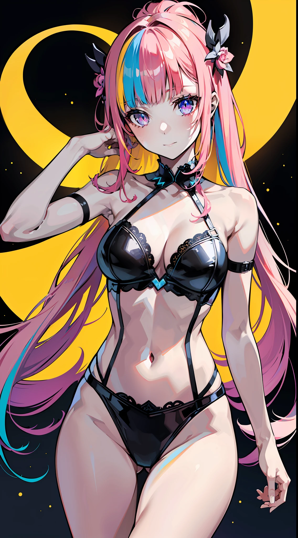 ((Masterpiece)), best quality, absurderes, ultra detailed, 8k, dynamic pose, super complex details, intricate details, holographic, cowboy shot, golden ratio, super cute girl, neon aura, delicate and beautiful face, mature girl, super beautiful asian girl with super beautiful glowing eyes, super beautiful glowing multicolored hair, nice and sexy body, slim body, perfect body, wearing magical lingerie, celestial hair ornament, in a marshmallow world