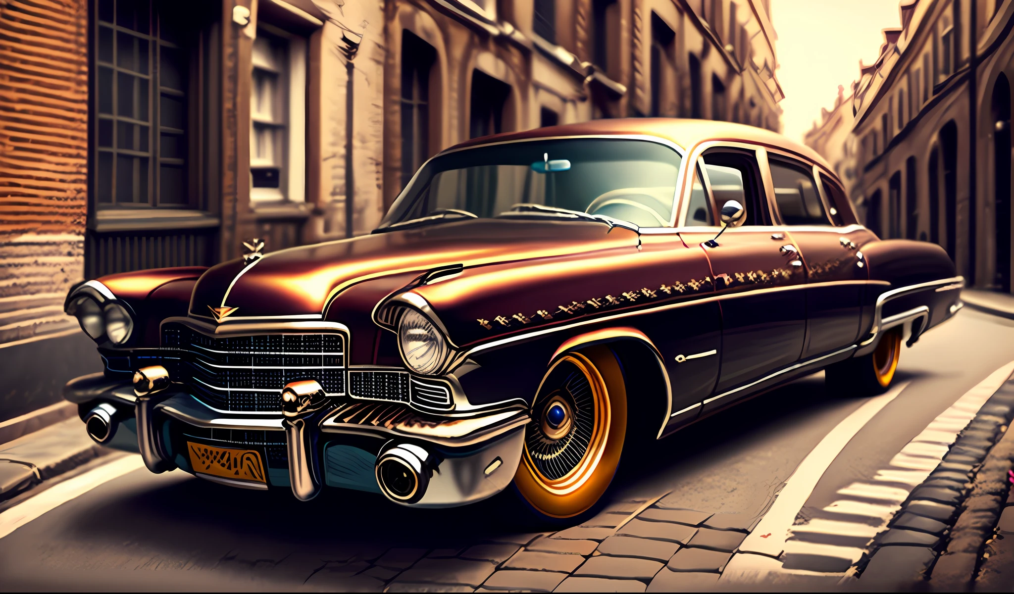 Cadillac El Dorado de style Badass Steampunk dans une vieille rue pave, trending on artstation, sharp focus, studio photo, intricate details, highly detailed