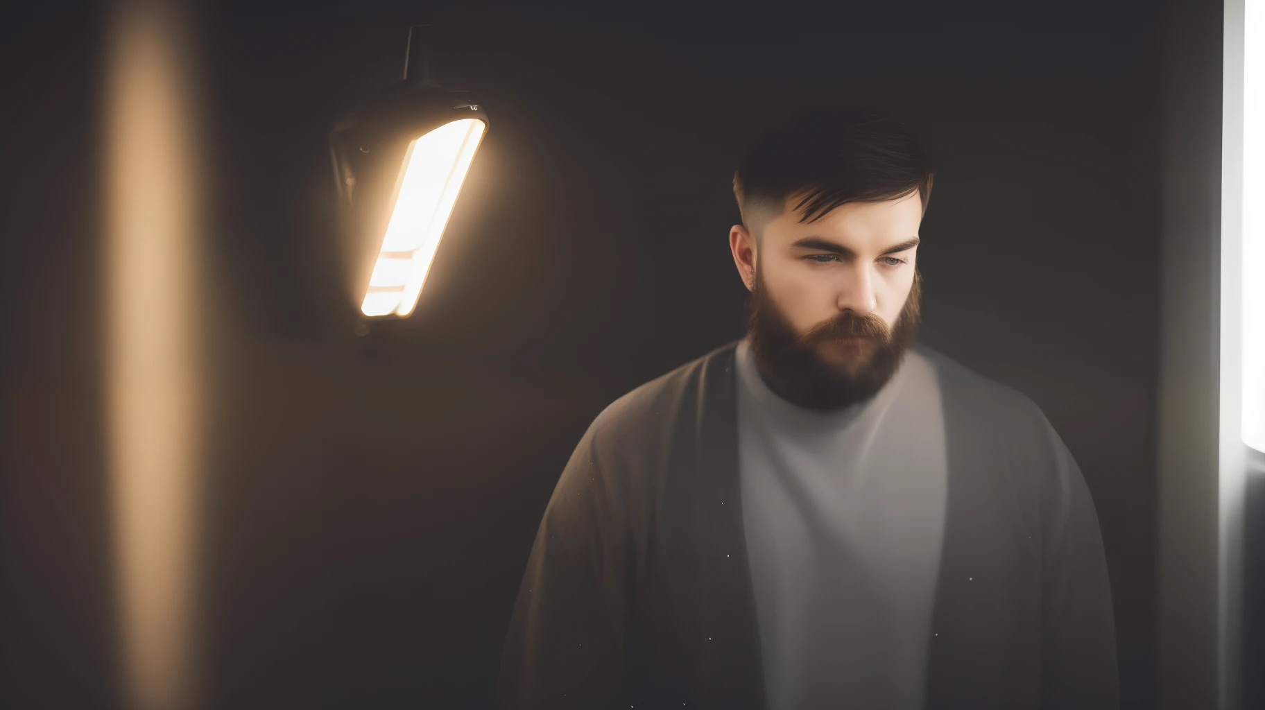 jp_style person,a stunning photograph of a man, Color film photograph, FilmG, 8k, raw photo, (film grain:1.0), (floating dust particle:1.2), award winning photo, 24mm, on focus, spotlight, rim light, in the dark, dimly lit, low key, deep shadow, looking at viewer, (highly detailed skin:1.2), petite athletic body, half shave haircut