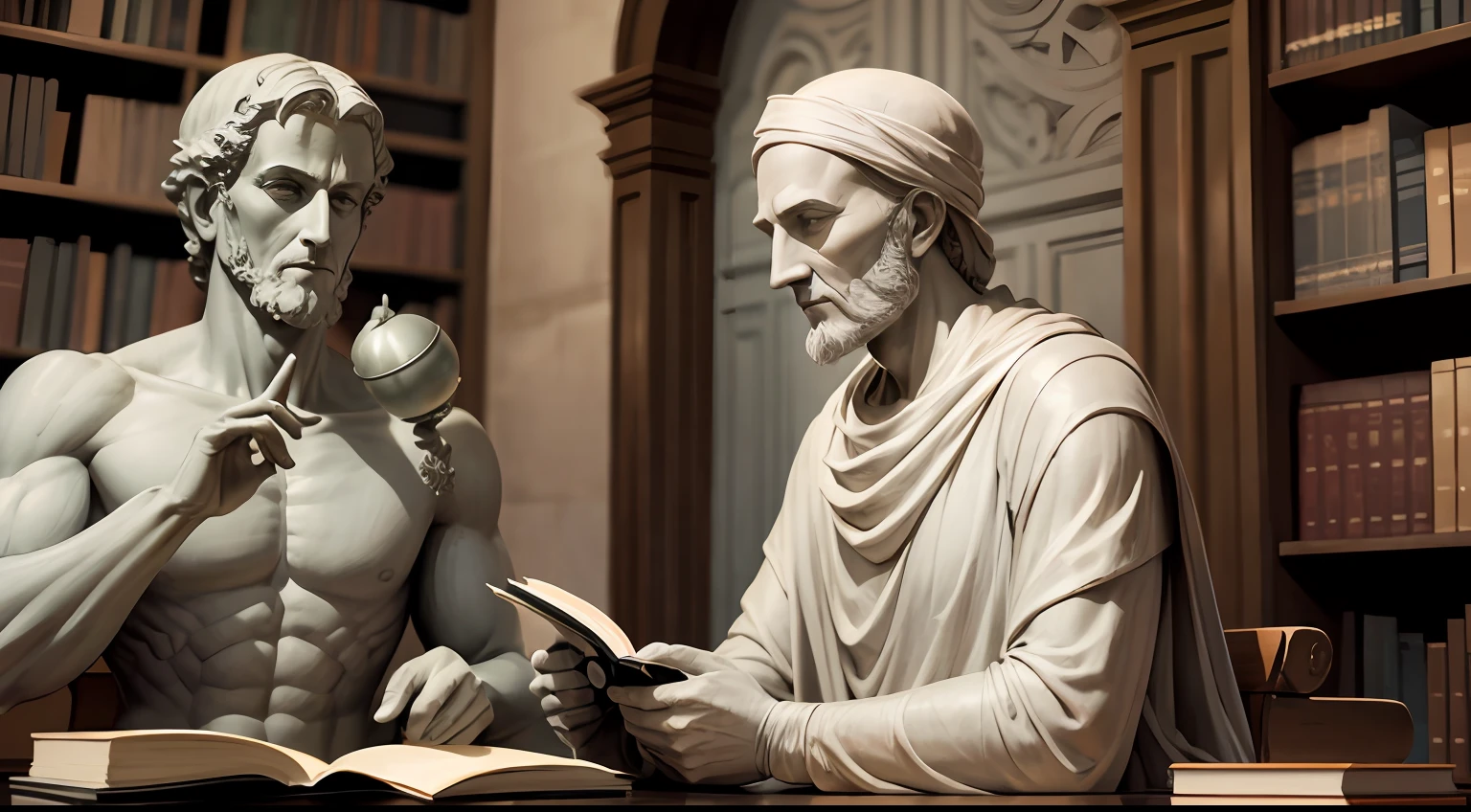 Gray statue, de filosofos antigos, eles estao dentro de uns cantelos, lendo livros antigos --auto