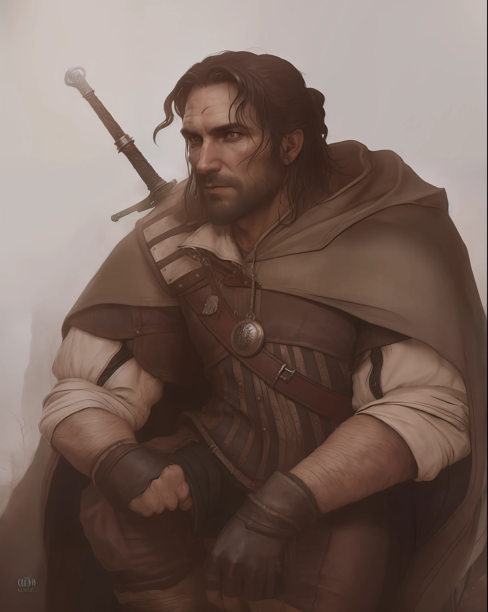 An actor Clive Standen as the Witcher, with a sword and a cape, he has a red scar on his face, the witcher concept art, epic portrait of menacing, character portrait art, painted character portrait, detailed character portrait, character art portrait, fantasy genre portrait, fantasy character portrait, character - portrait, epic character portrait, rpg portrait concept art,  The witcher 3, realistically, dynamic lights, old, full footage, (extremely detailed 8k wallpaper of CG unit), trend in ArtStation, trend in CGSociety, high detail, sharp focus, dramatic, photorealistic