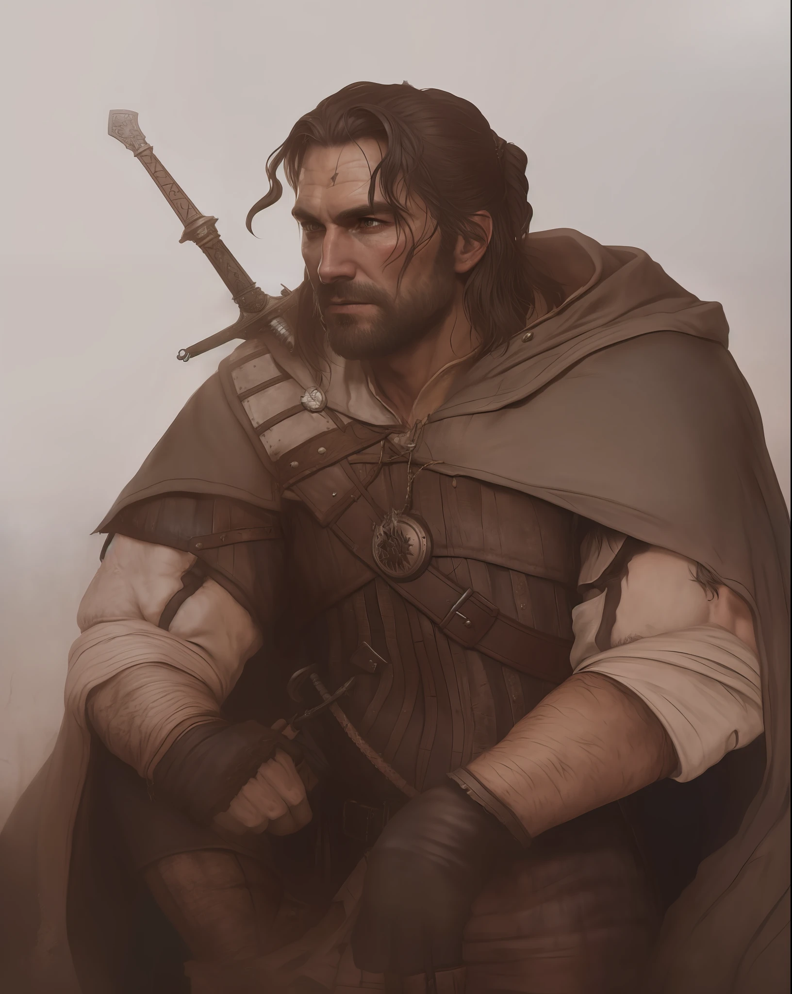 An actor Clive Standen as the Witcher, with a sword and a cape, he has a red scar on his face, the witcher concept art, epic portrait of menacing, character portrait art, painted character portrait, detailed character portrait, character art portrait, fantasy genre portrait, fantasy character portrait, character - portrait, epic character portrait, rpg portrait concept art, The witcher 3, realistically, dynamic lights, old, full footage, (extremely detailed 8k wallpaper of CG unit), trend in ArtStation, trend in CGSociety, high detail, sharp focus, dramatic, photorealistic
